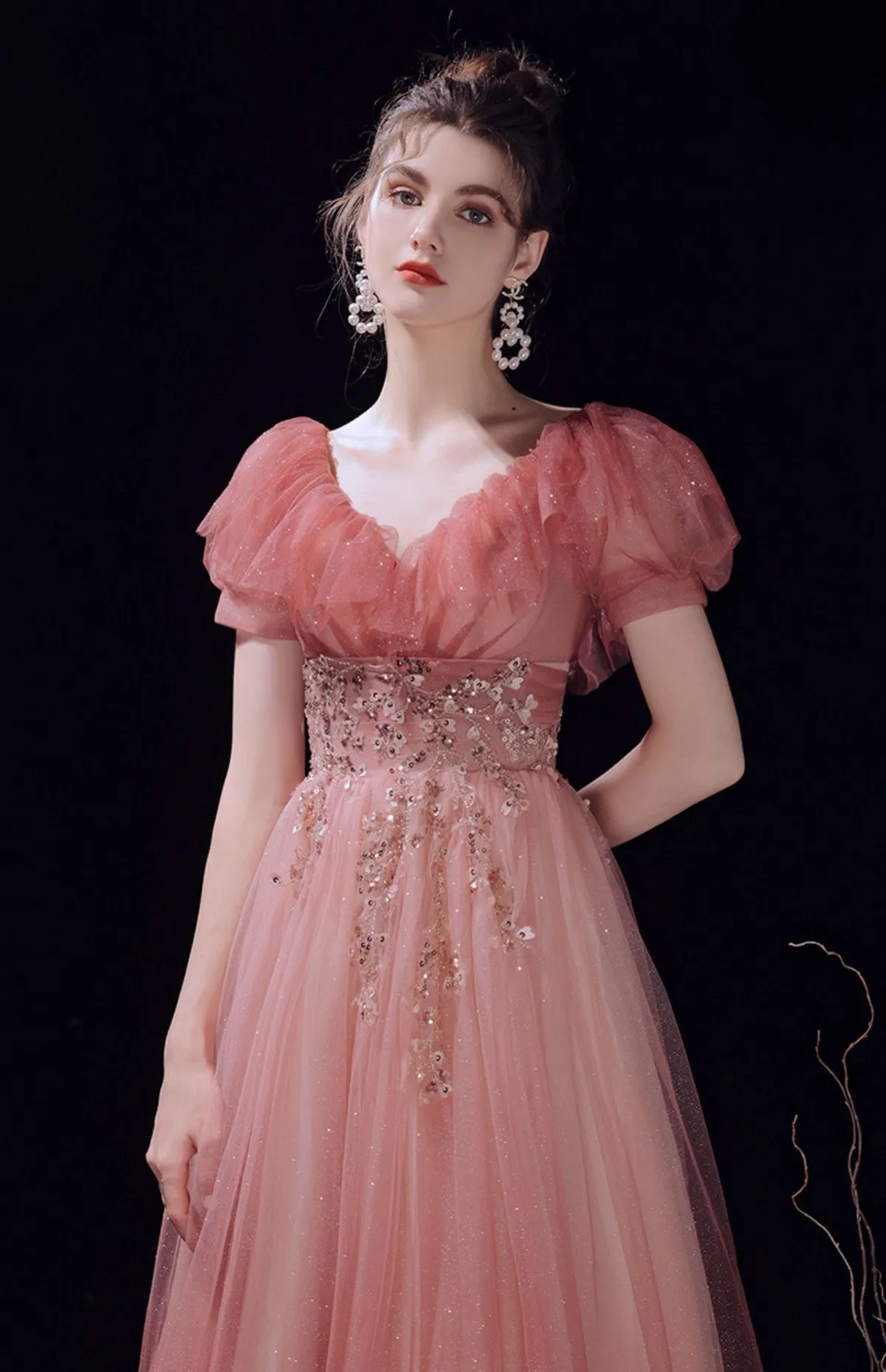 Pink V-neckline Tulle Long Formal Dress Prom Dress, Pink Tulle Evening Dress