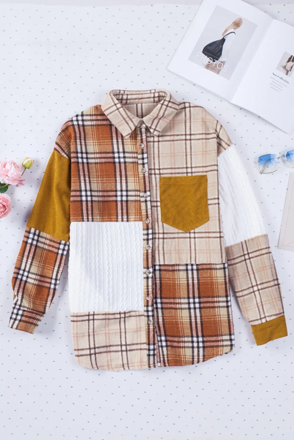 Plaid Color Block Patchwork Shirt Jacket with Pocket