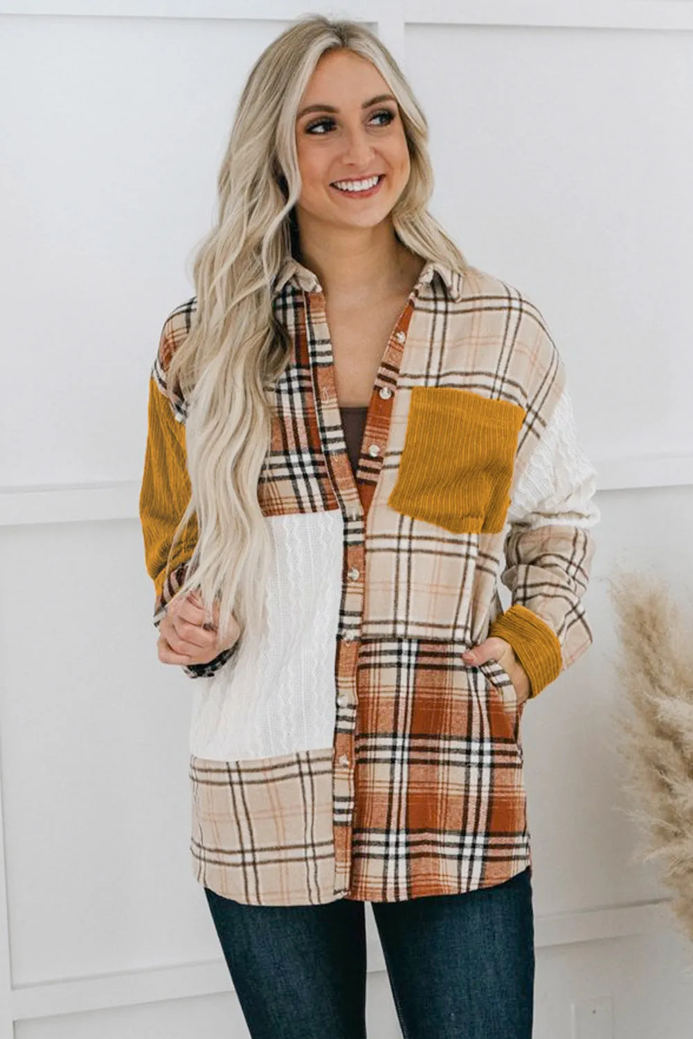 Plaid Color Block Patchwork Shirt Jacket with Pocket