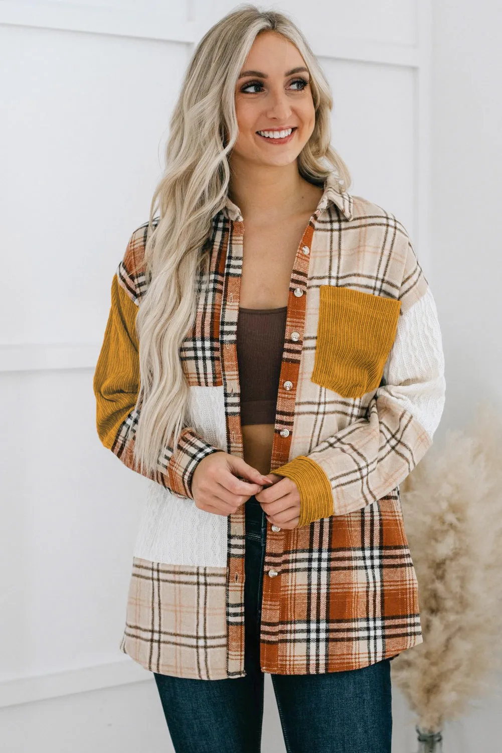 Plaid Color Block Patchwork Shirt Jacket with Pocket