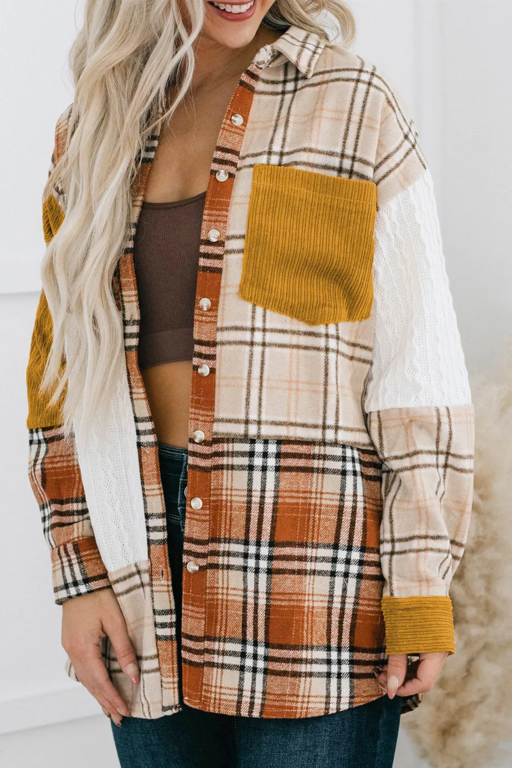 Plaid Color Block Patchwork Shirt Jacket with Pocket