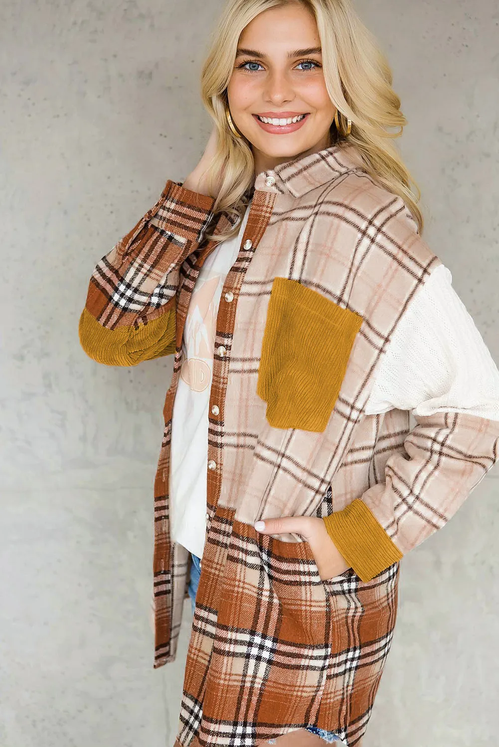 Plaid Color Block Patchwork Shirt Jacket with Pocket