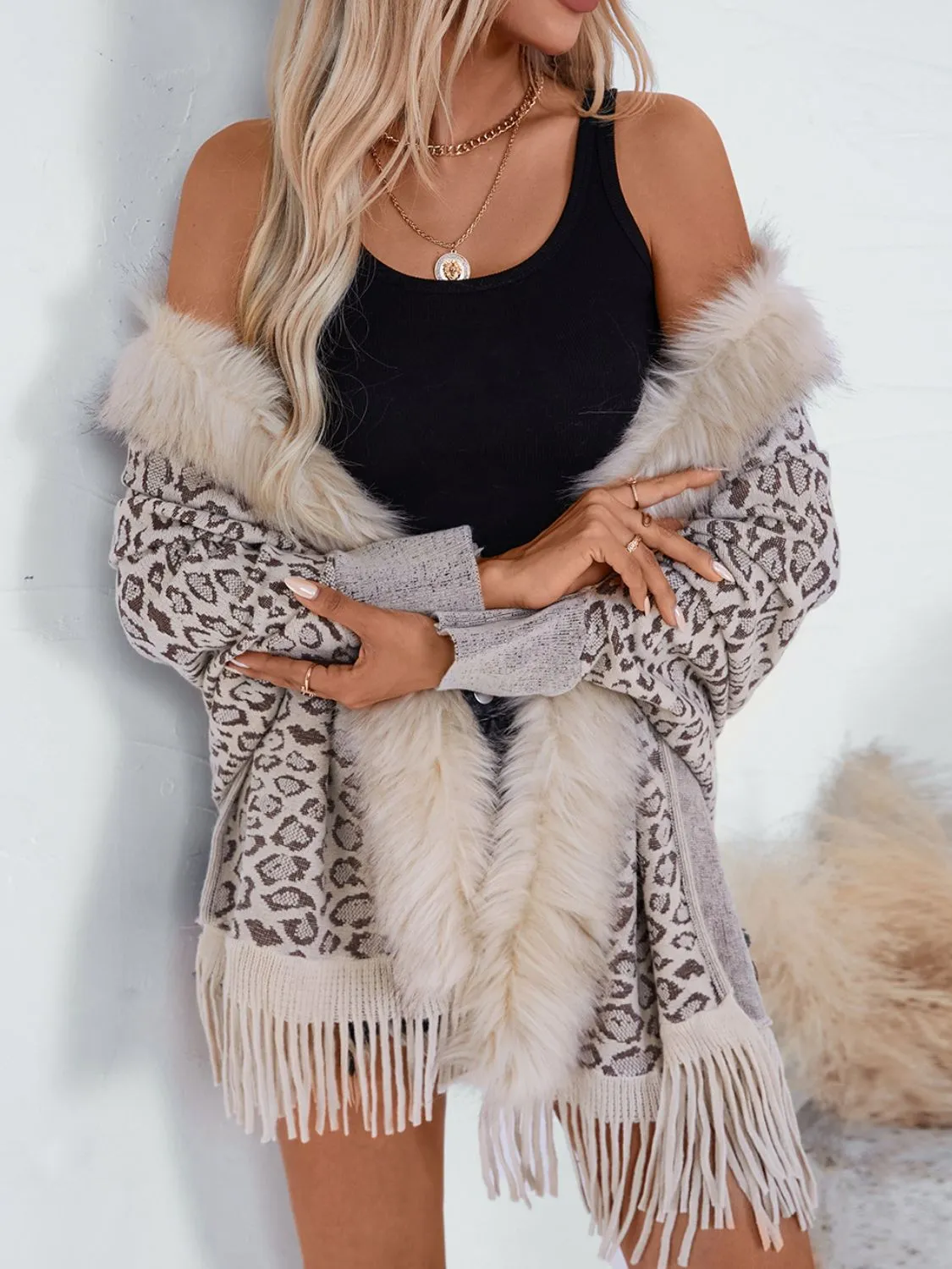 Plush Faux Fur Leopard Retro Fringe Oversized Poncho Knit Cardigan Jacket