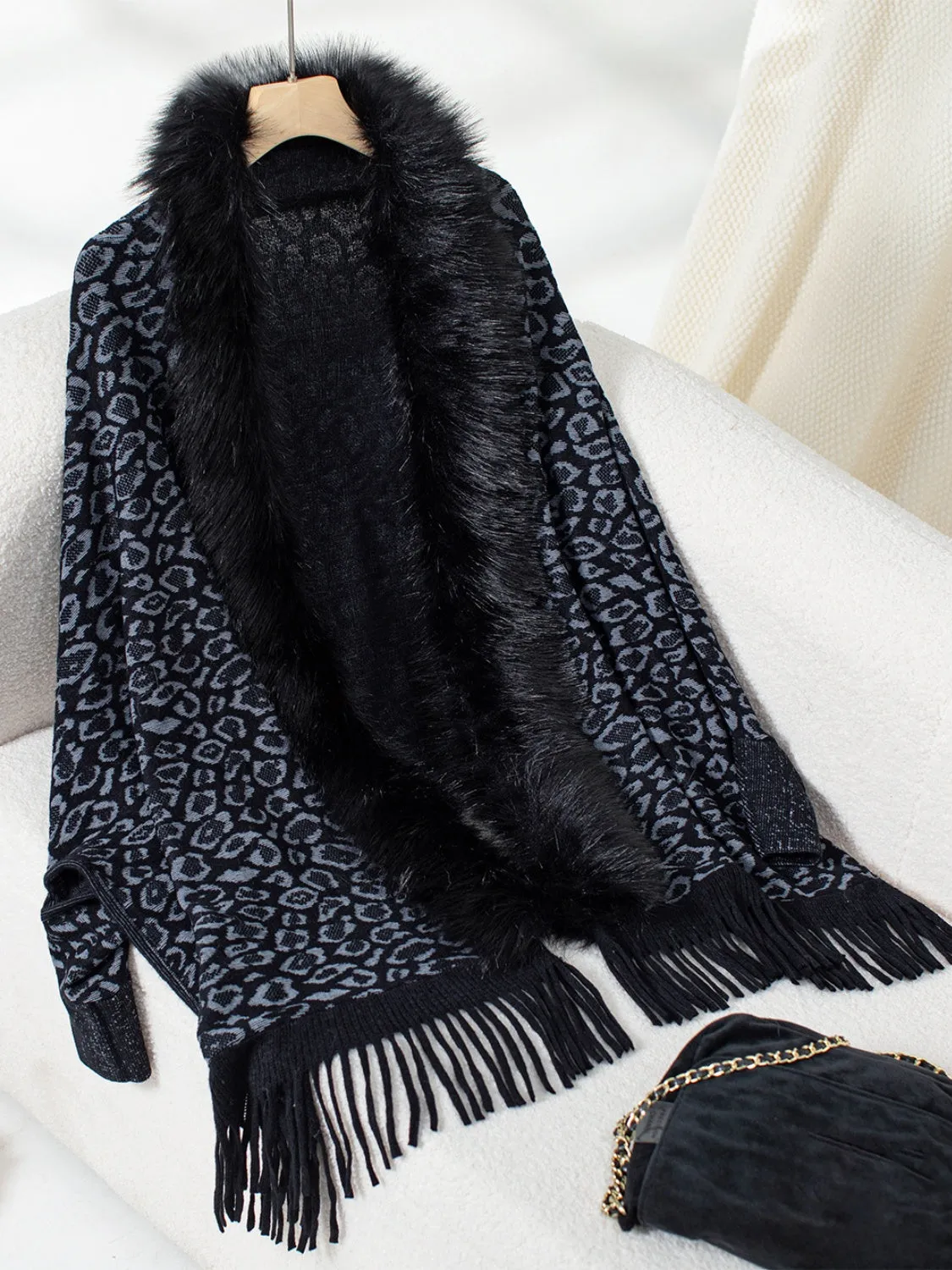 Plush Faux Fur Leopard Retro Fringe Oversized Poncho Knit Cardigan Jacket