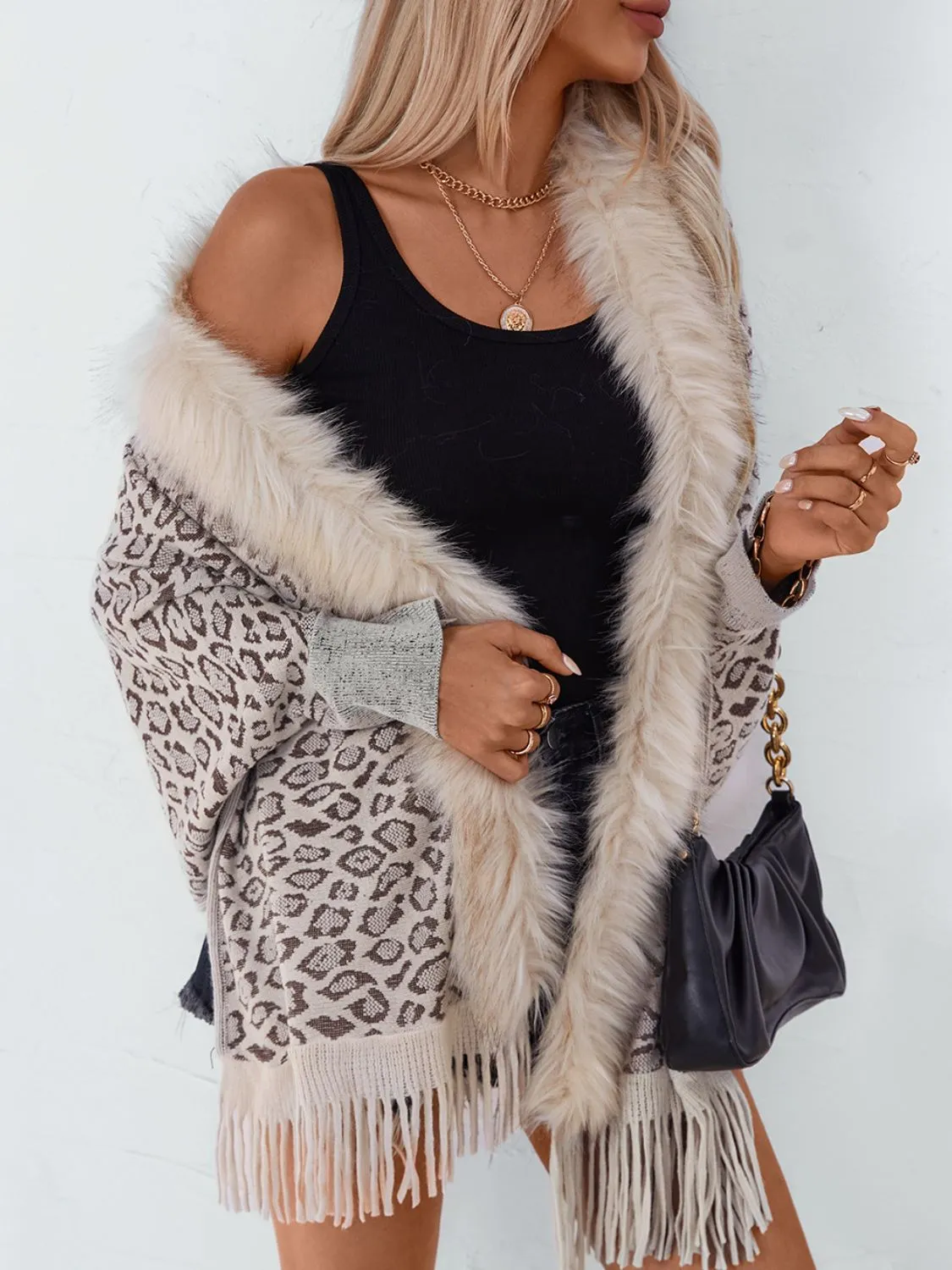 Plush Faux Fur Leopard Retro Fringe Oversized Poncho Knit Cardigan Jacket