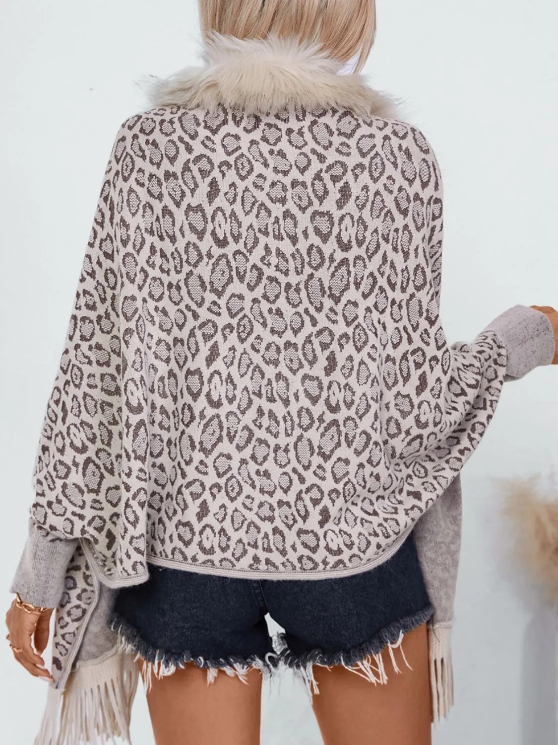 Plush Faux Fur Leopard Retro Fringe Oversized Poncho Knit Cardigan Jacket