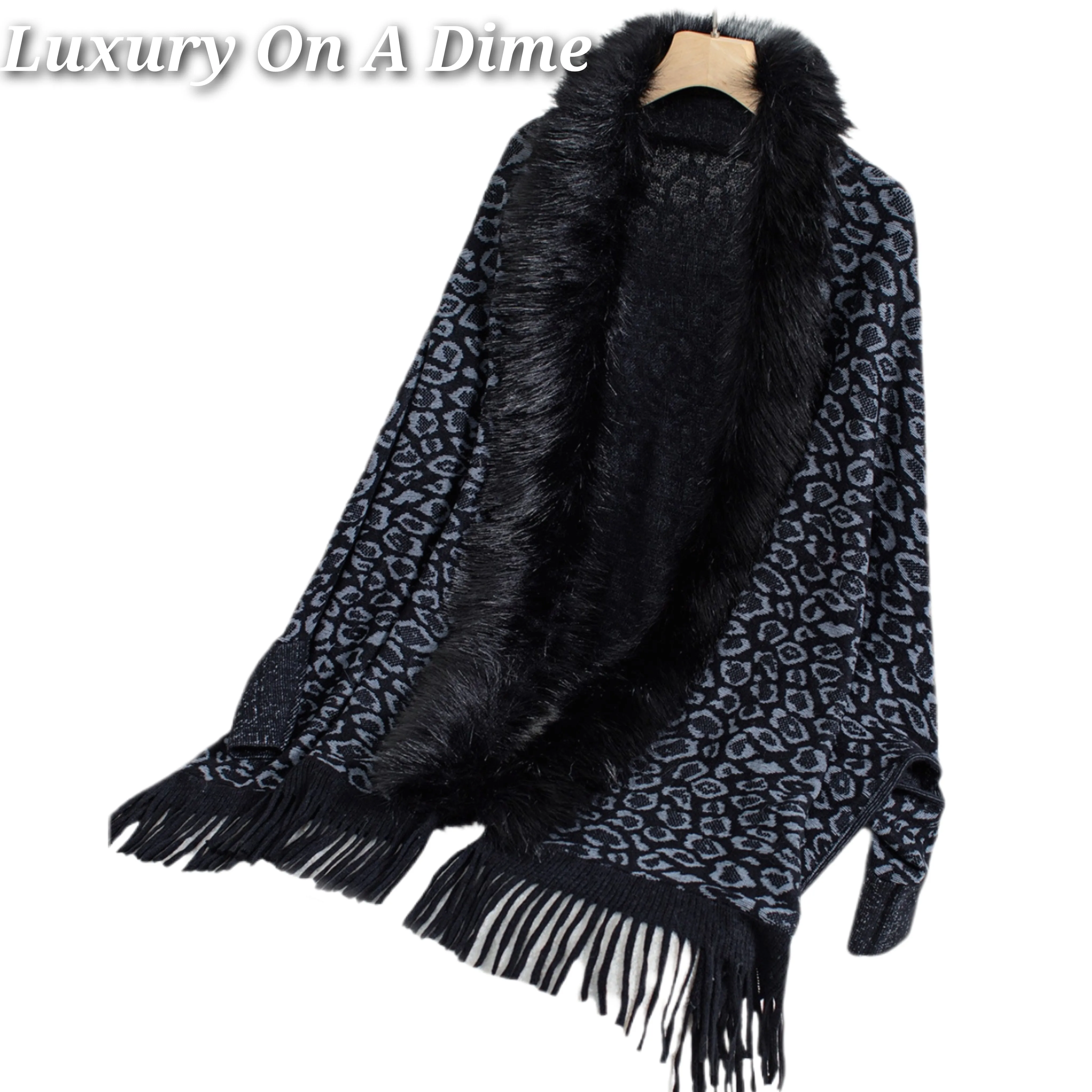 Plush Faux Fur Leopard Retro Fringe Oversized Poncho Knit Cardigan Jacket