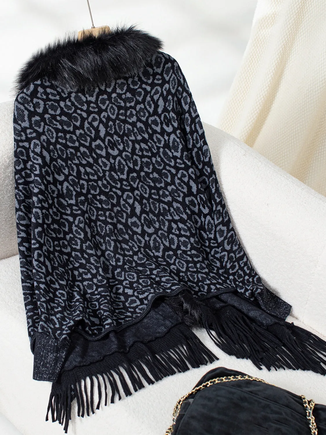 Plush Faux Fur Leopard Retro Fringe Oversized Poncho Knit Cardigan Jacket