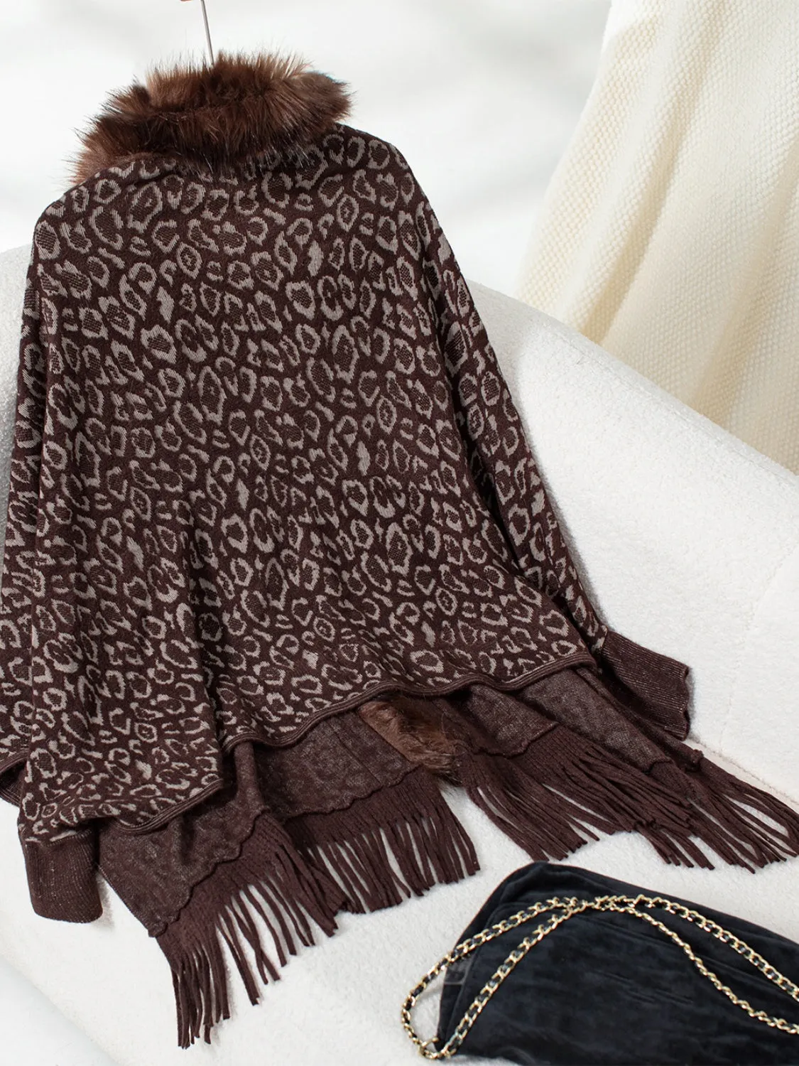 Plush Faux Fur Leopard Retro Fringe Oversized Poncho Knit Cardigan Jacket