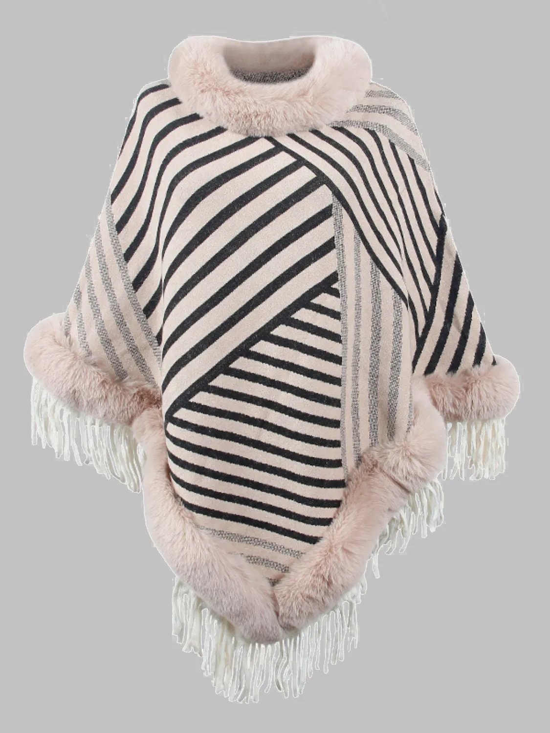 Plush Faux Fur Retro Fringe Stripe Pullover Oversized Warm Knit Poncho Cardigan Top