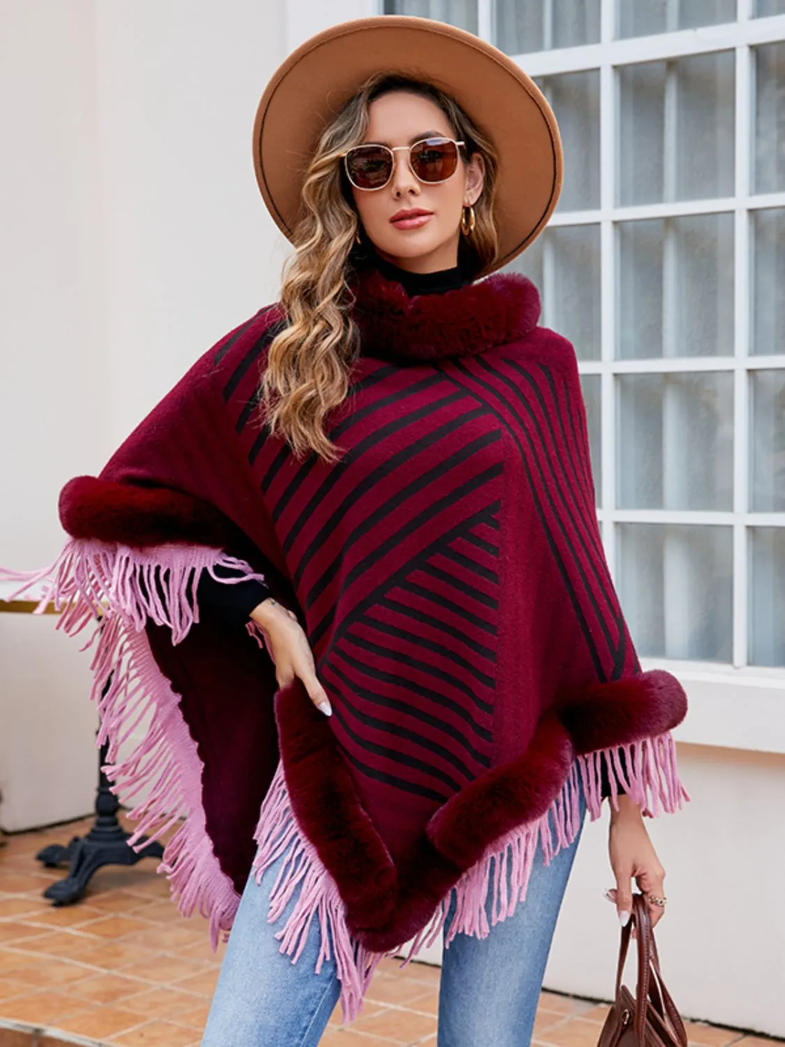 Plush Faux Fur Retro Fringe Stripe Pullover Oversized Warm Knit Poncho Cardigan Top