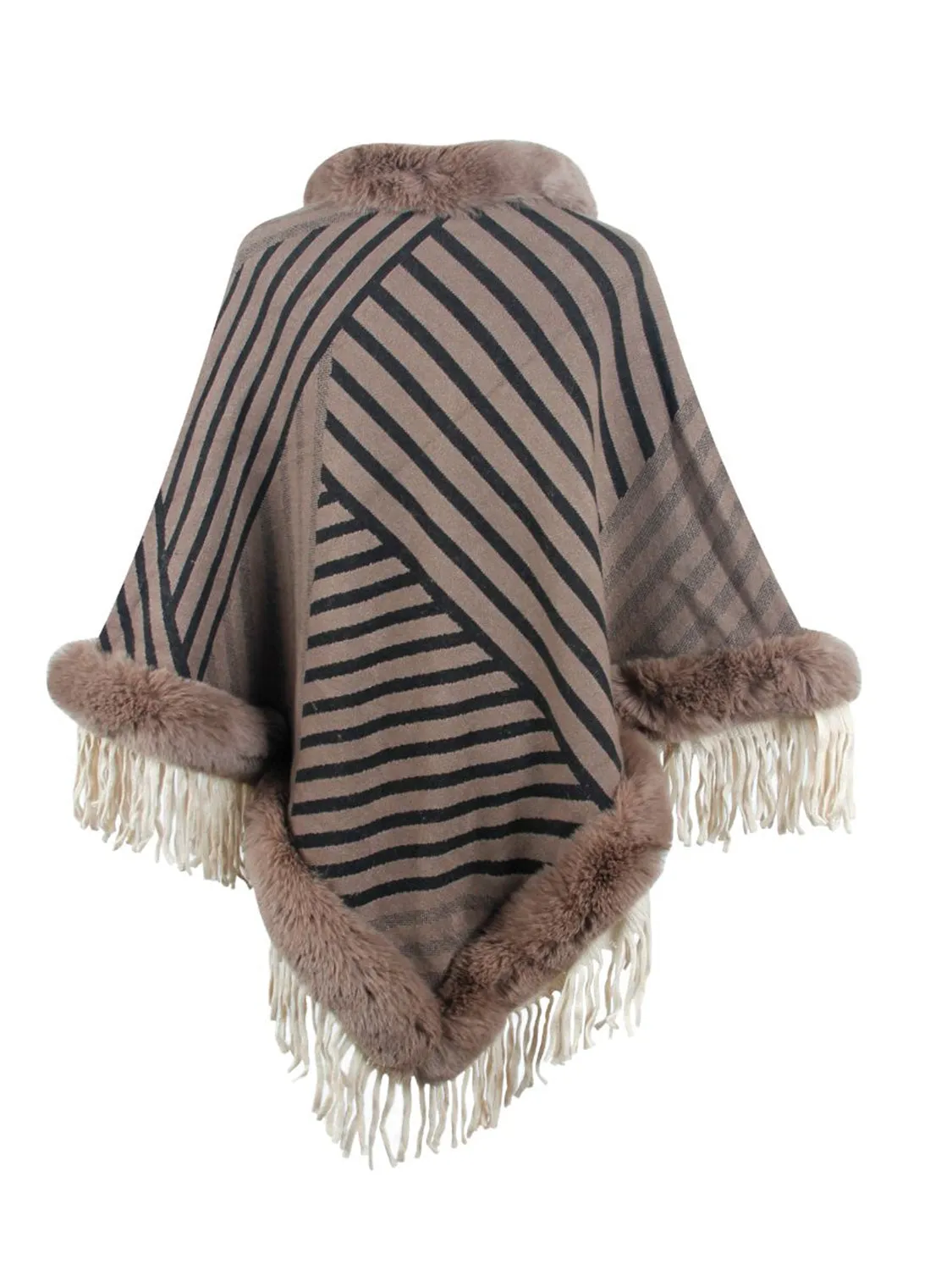 Plush Faux Fur Retro Fringe Stripe Pullover Oversized Warm Knit Poncho Cardigan Top