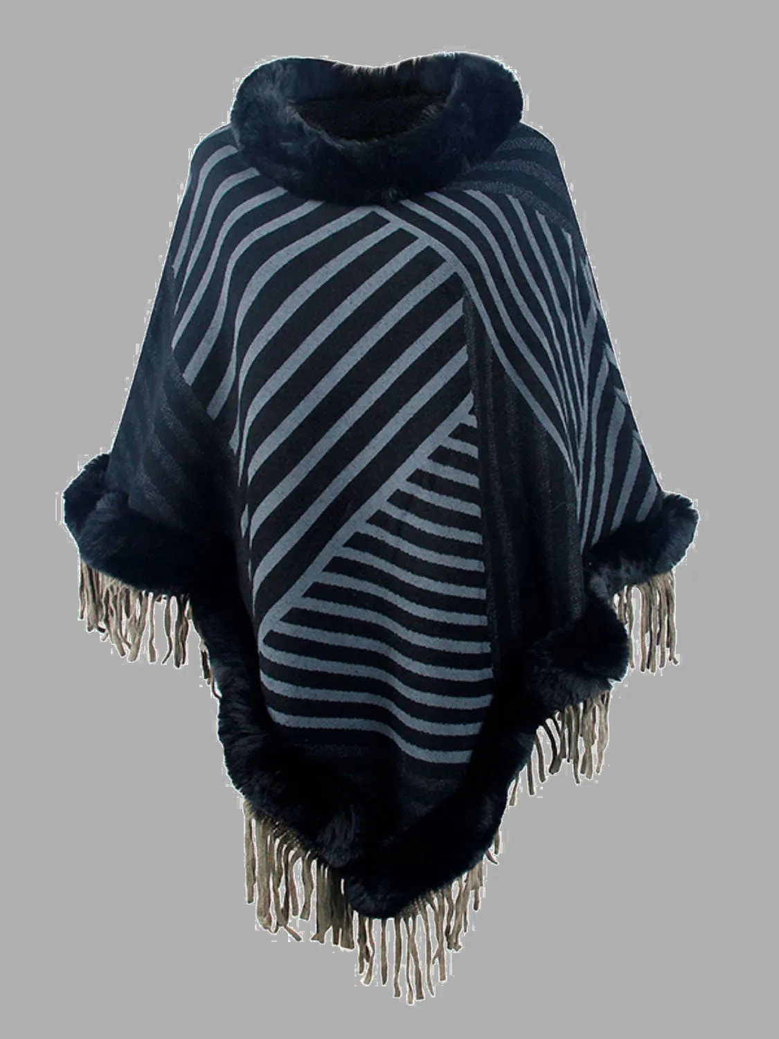 Plush Faux Fur Retro Fringe Stripe Pullover Oversized Warm Knit Poncho Cardigan Top