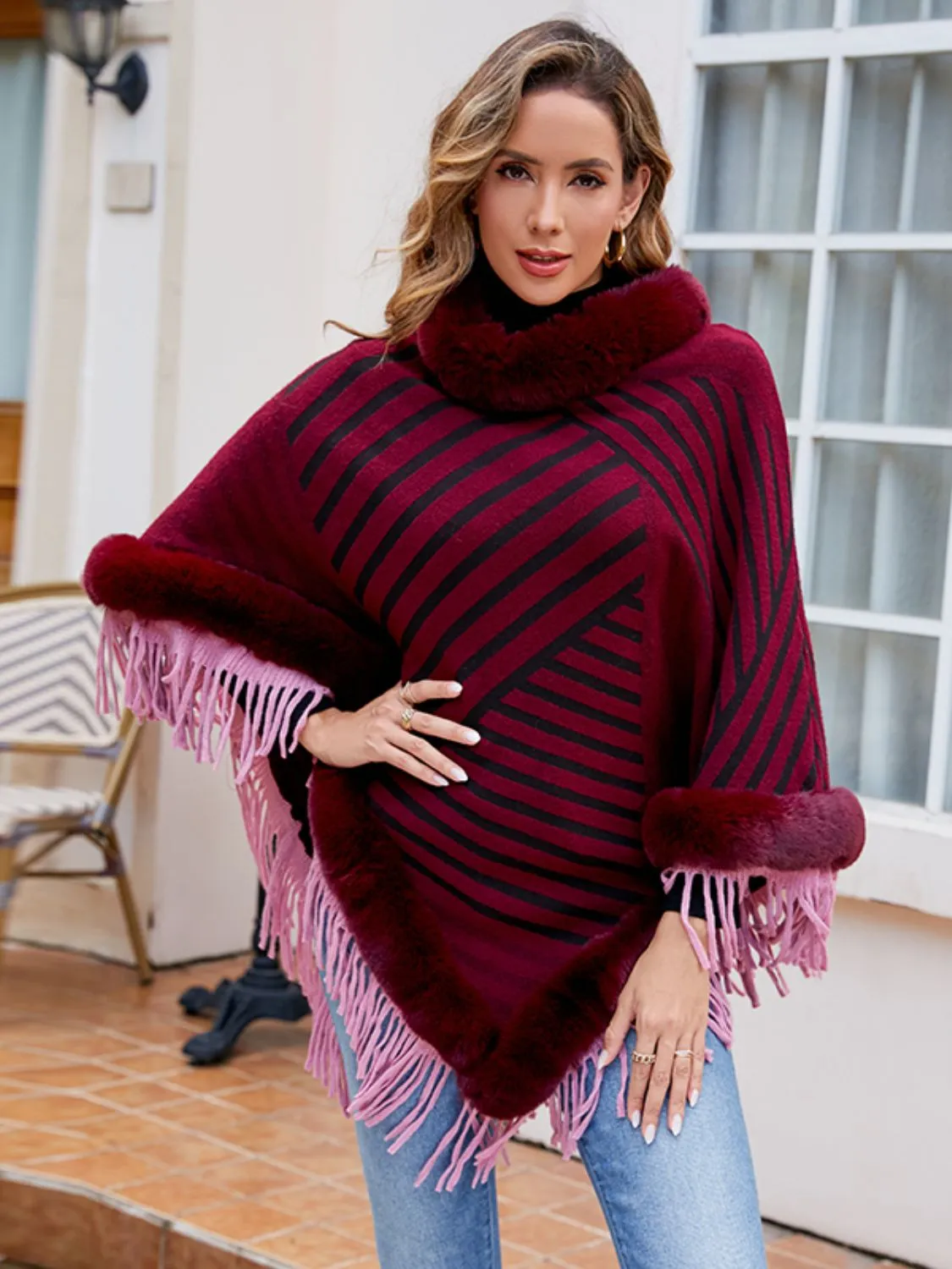 Plush Faux Fur Retro Fringe Stripe Pullover Oversized Warm Knit Poncho Cardigan Top