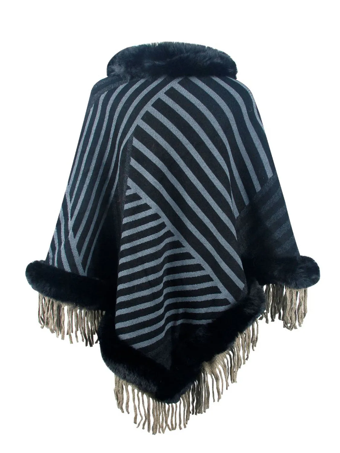 Plush Faux Fur Retro Fringe Stripe Pullover Oversized Warm Knit Poncho Cardigan Top