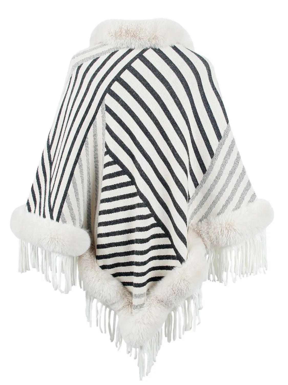 Plush Faux Fur Retro Fringe Stripe Pullover Oversized Warm Knit Poncho Cardigan Top