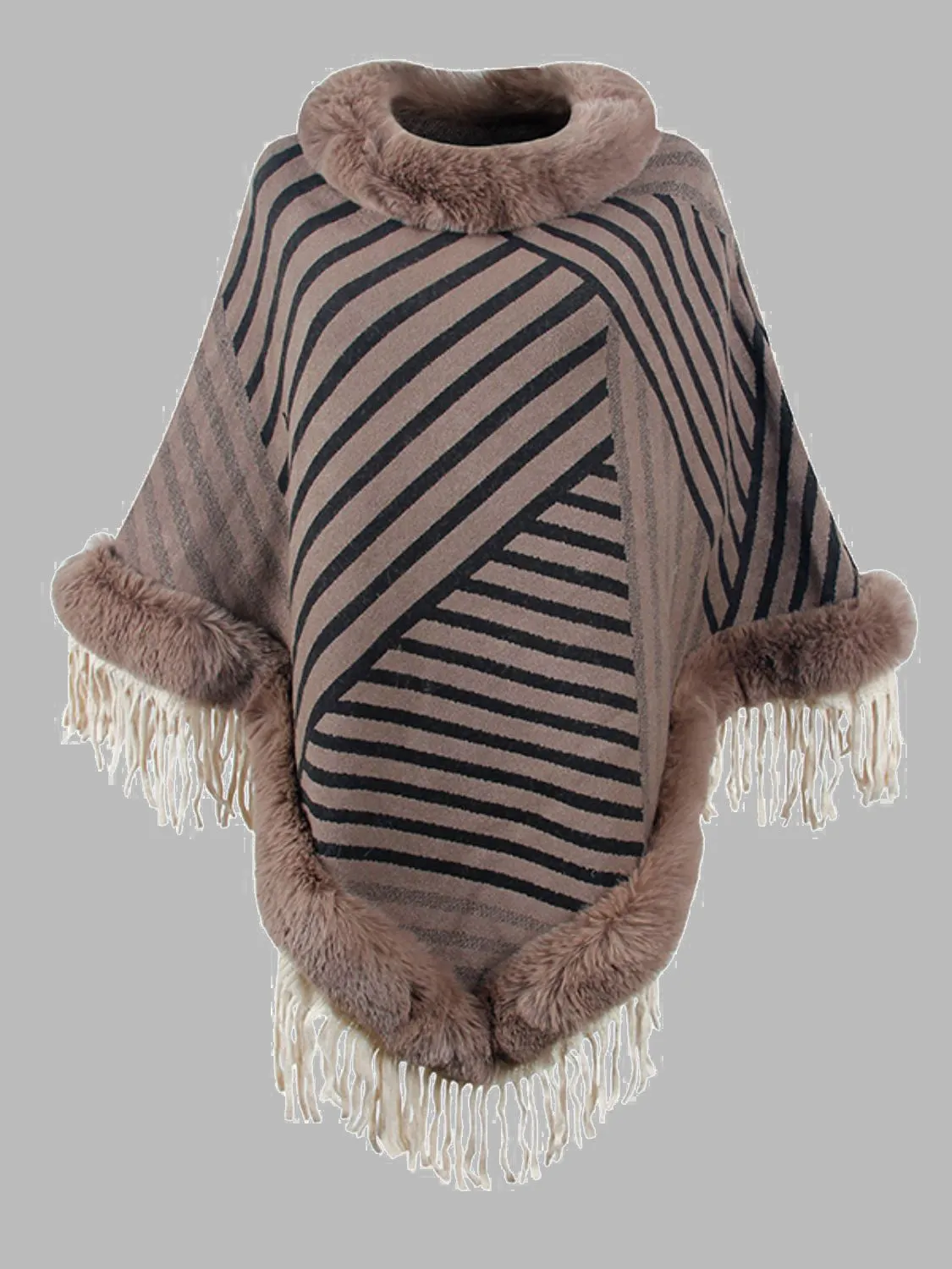 Plush Faux Fur Retro Fringe Stripe Pullover Oversized Warm Knit Poncho Cardigan Top