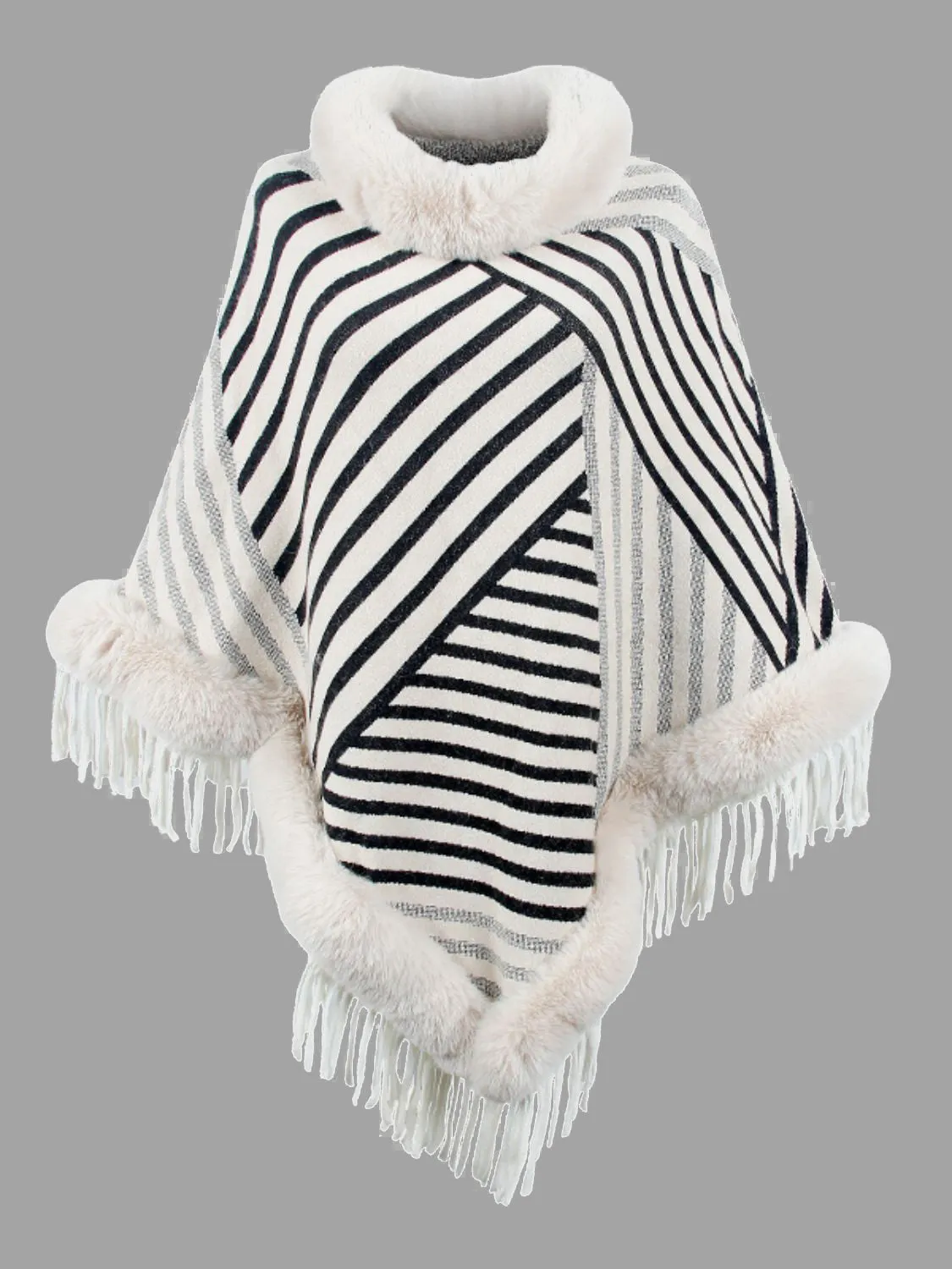 Plush Faux Fur Retro Fringe Stripe Pullover Oversized Warm Knit Poncho Cardigan Top