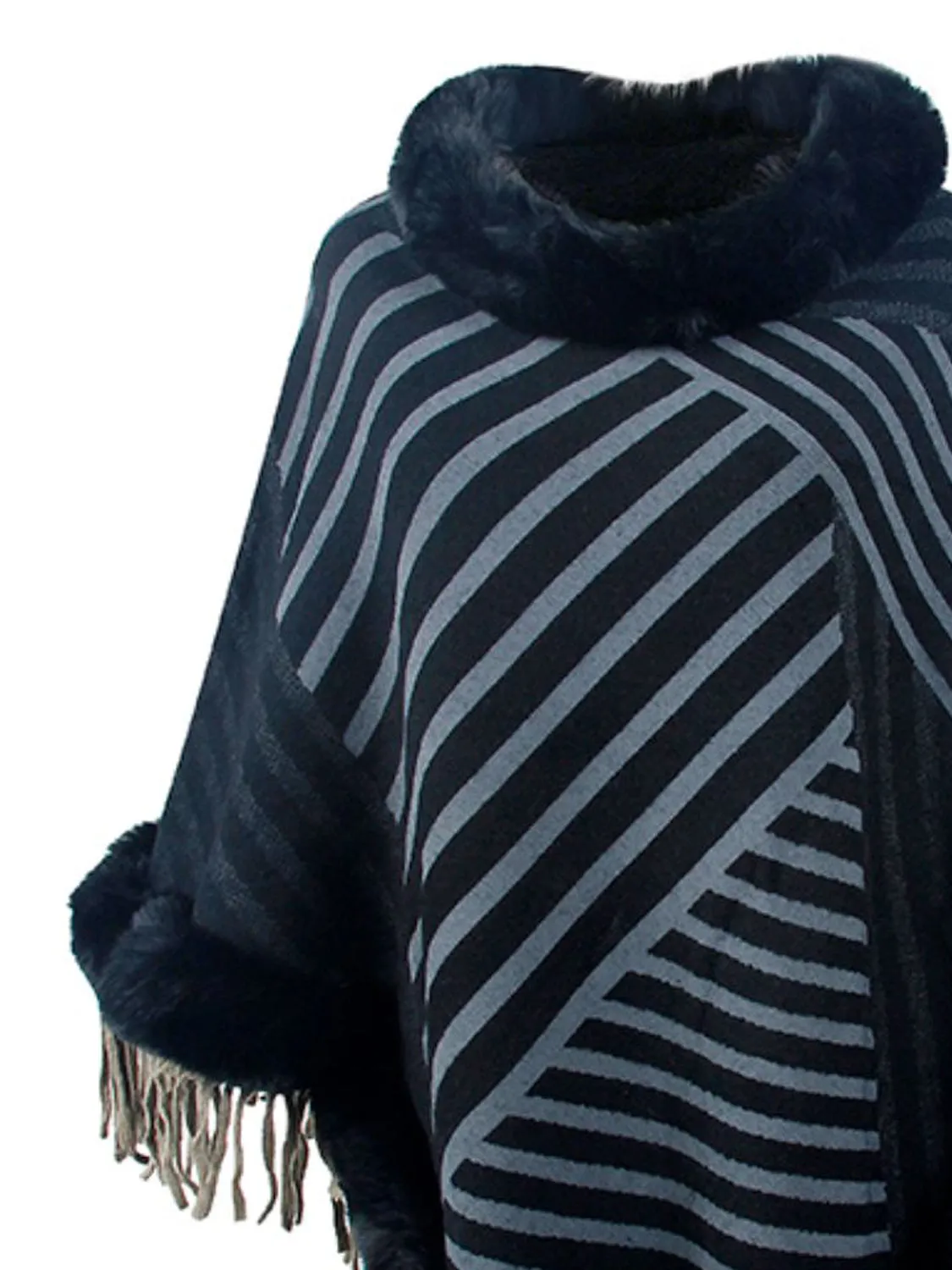 Plush Faux Fur Retro Fringe Stripe Pullover Oversized Warm Knit Poncho Cardigan Top