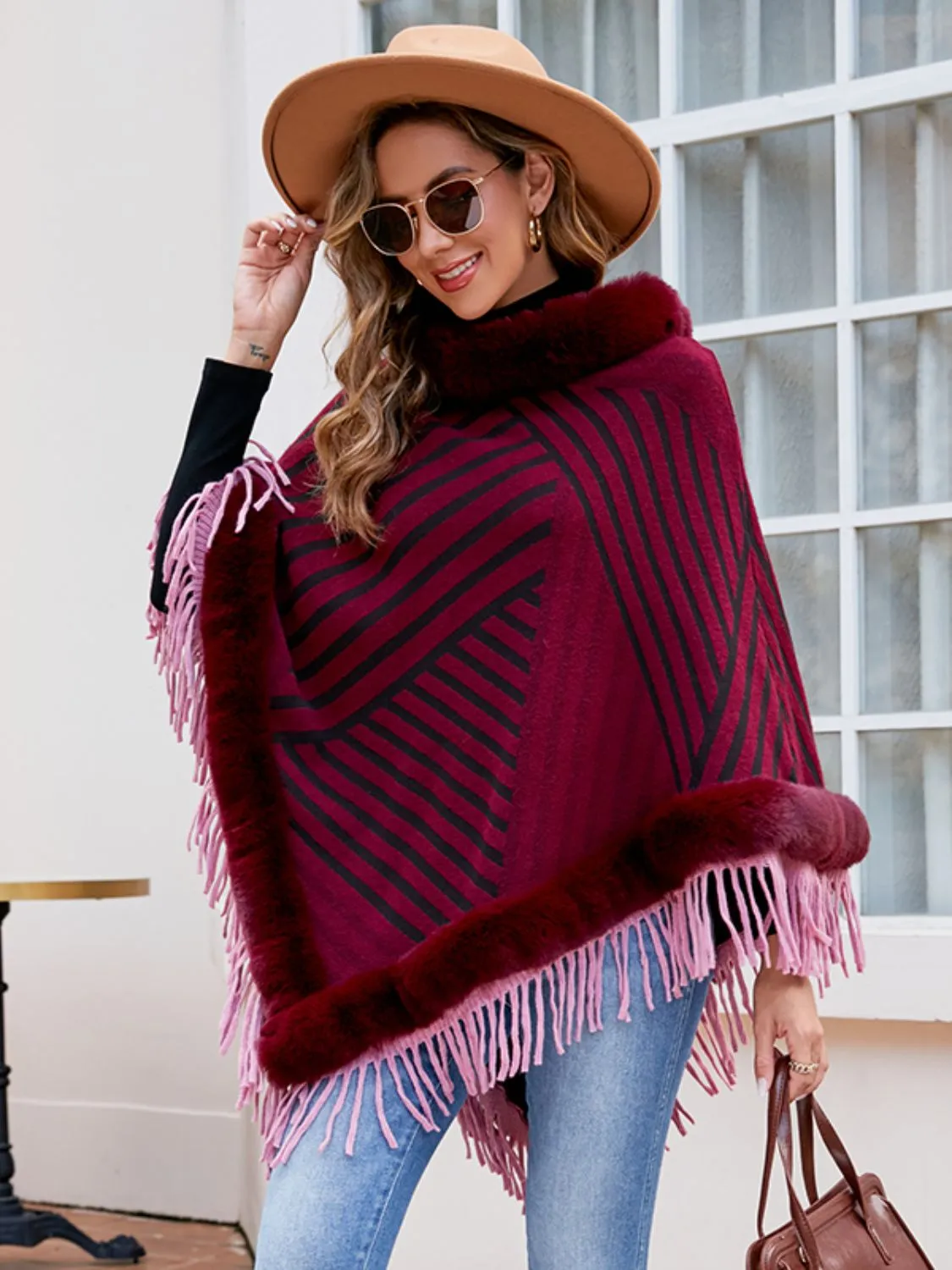 Plush Faux Fur Retro Fringe Stripe Pullover Oversized Warm Knit Poncho Cardigan Top