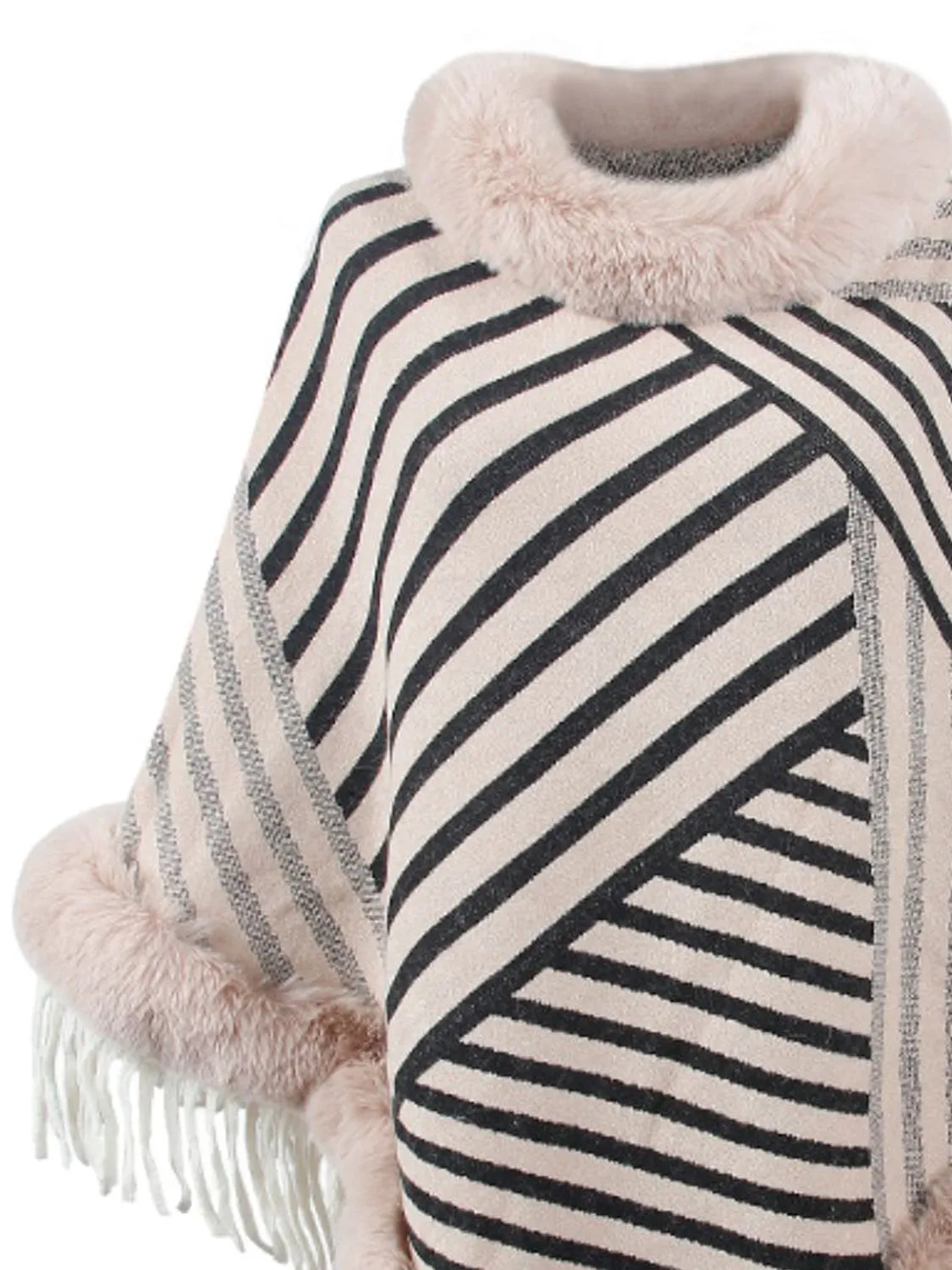 Plush Faux Fur Retro Fringe Stripe Pullover Oversized Warm Knit Poncho Cardigan Top