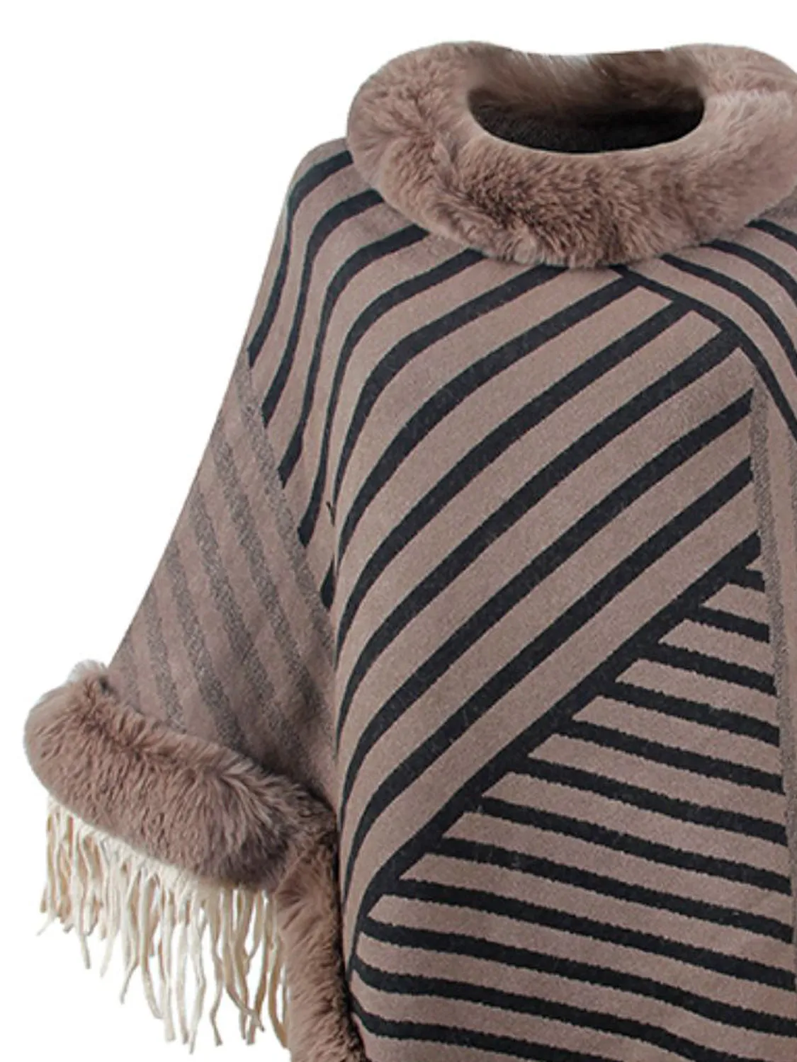 Plush Faux Fur Retro Fringe Stripe Pullover Oversized Warm Knit Poncho Cardigan Top