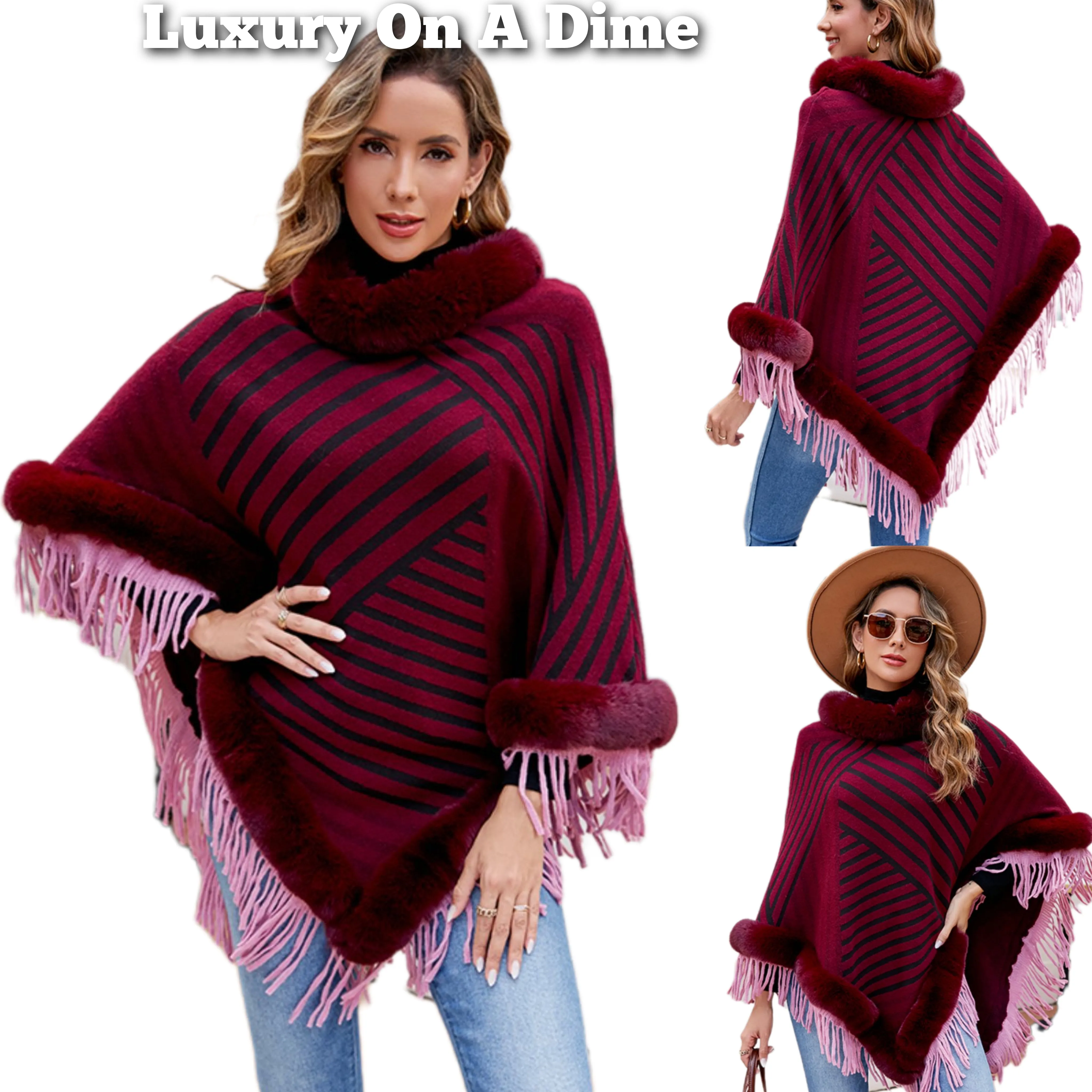 Plush Faux Fur Retro Fringe Stripe Pullover Oversized Warm Knit Poncho Cardigan Top