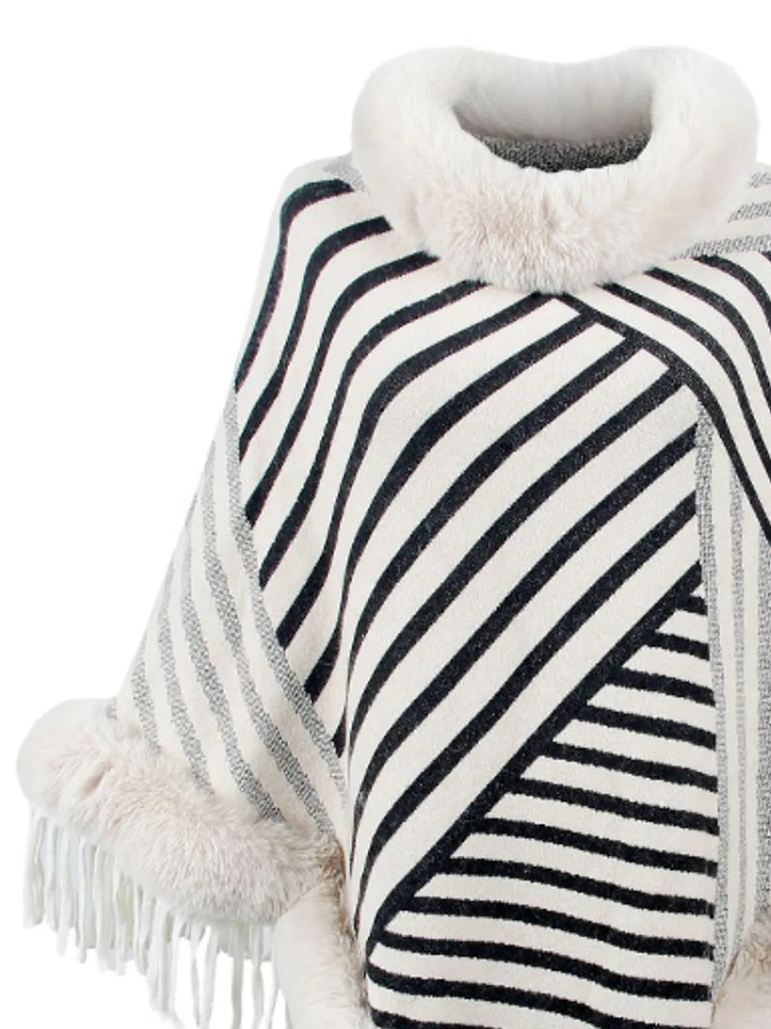 Plush Faux Fur Retro Fringe Stripe Pullover Oversized Warm Knit Poncho Cardigan Top