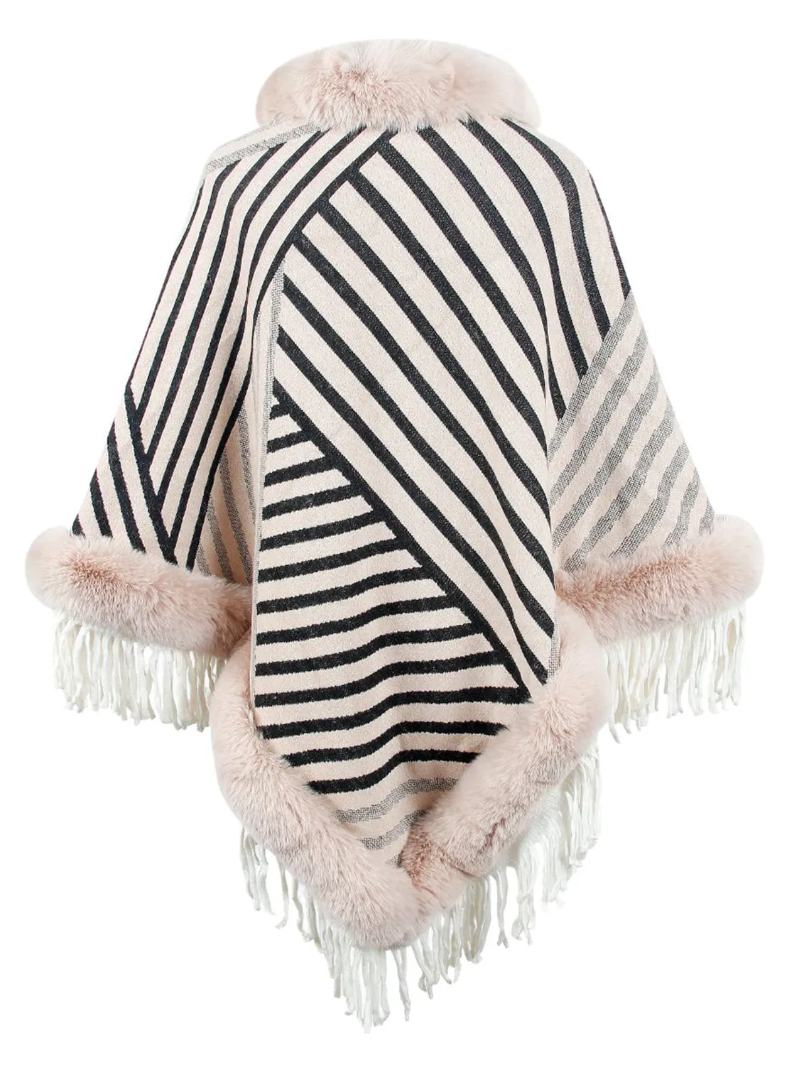 Plush Faux Fur Retro Fringe Stripe Pullover Oversized Warm Knit Poncho Cardigan Top