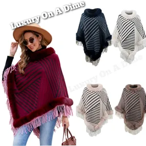 Plush Faux Fur Retro Fringe Stripe Pullover Oversized Warm Knit Poncho Cardigan Top