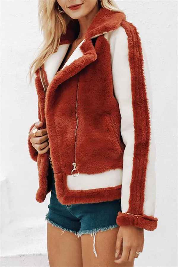 Plush Faux Fur Zipper Jacket - Red