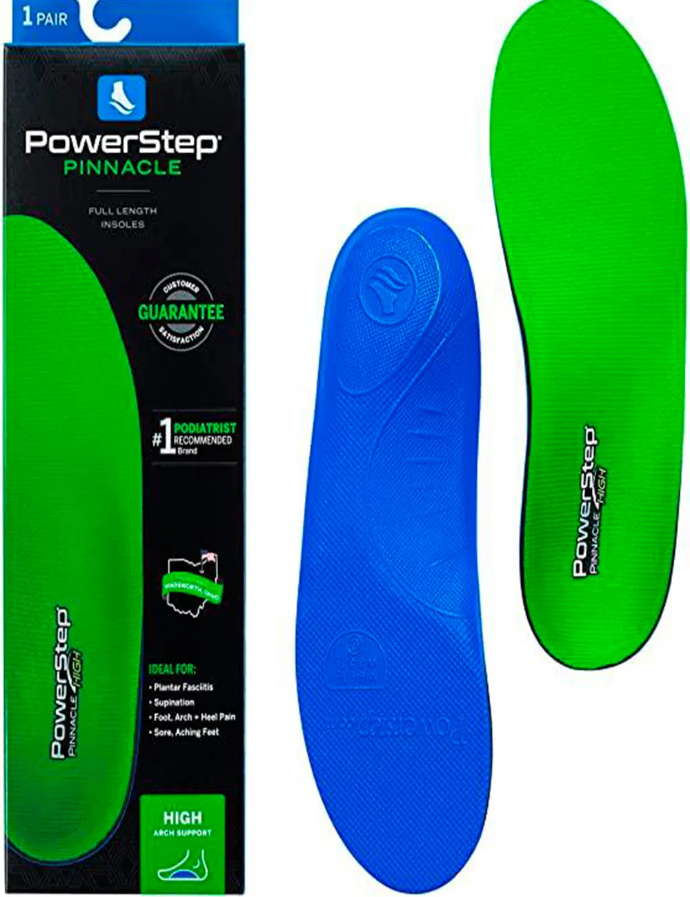 Powerstep Pinnacle Insole | Full Length Insoles Ideal for plantar fasciiitis | Color Green | For Women and Men