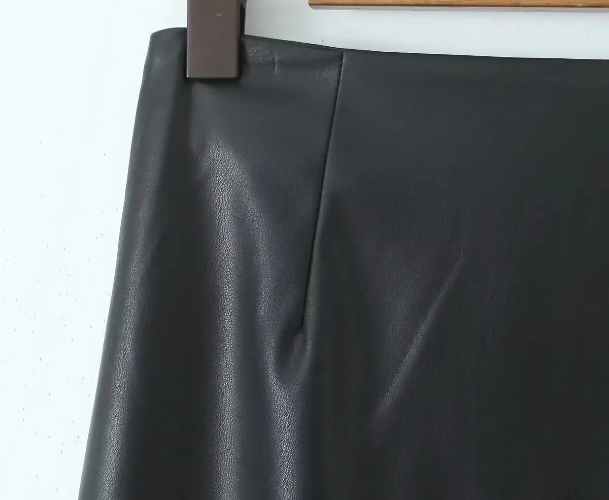 Pre Order:  Black Faux Leather Back Split Skirt