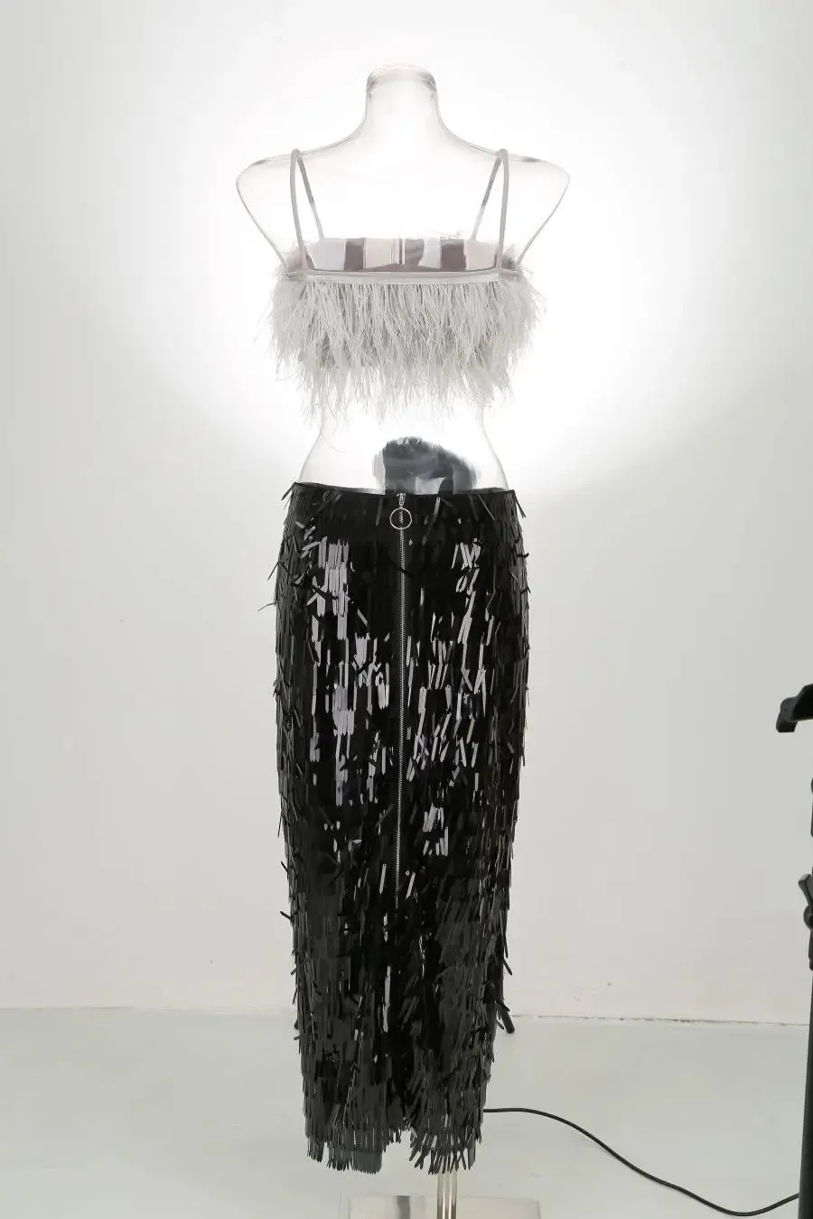 Pre Order:  Feathered Top Fringe Midi Skirt Set