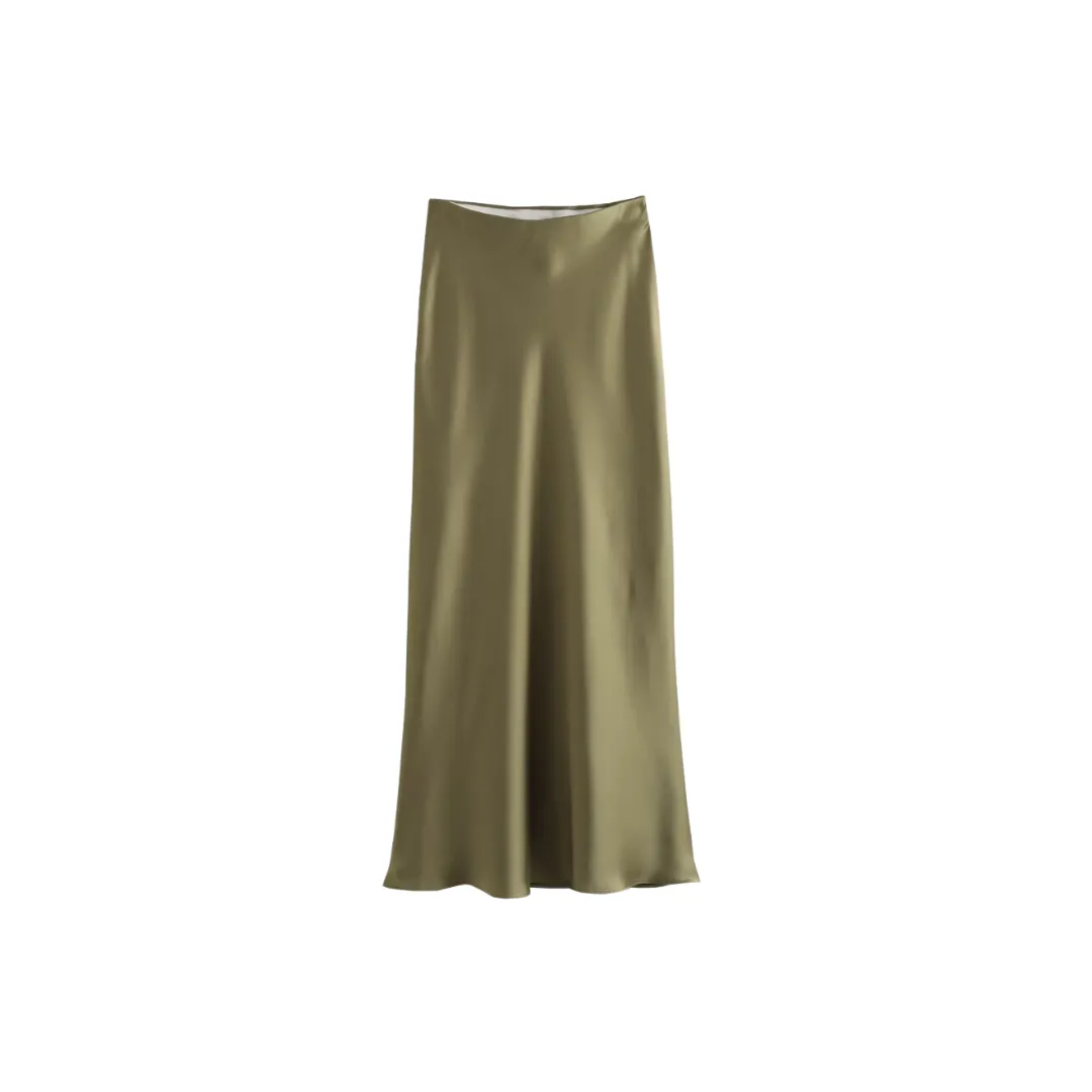 Pre Order: High Waisted Silk Satin Midi Skirt