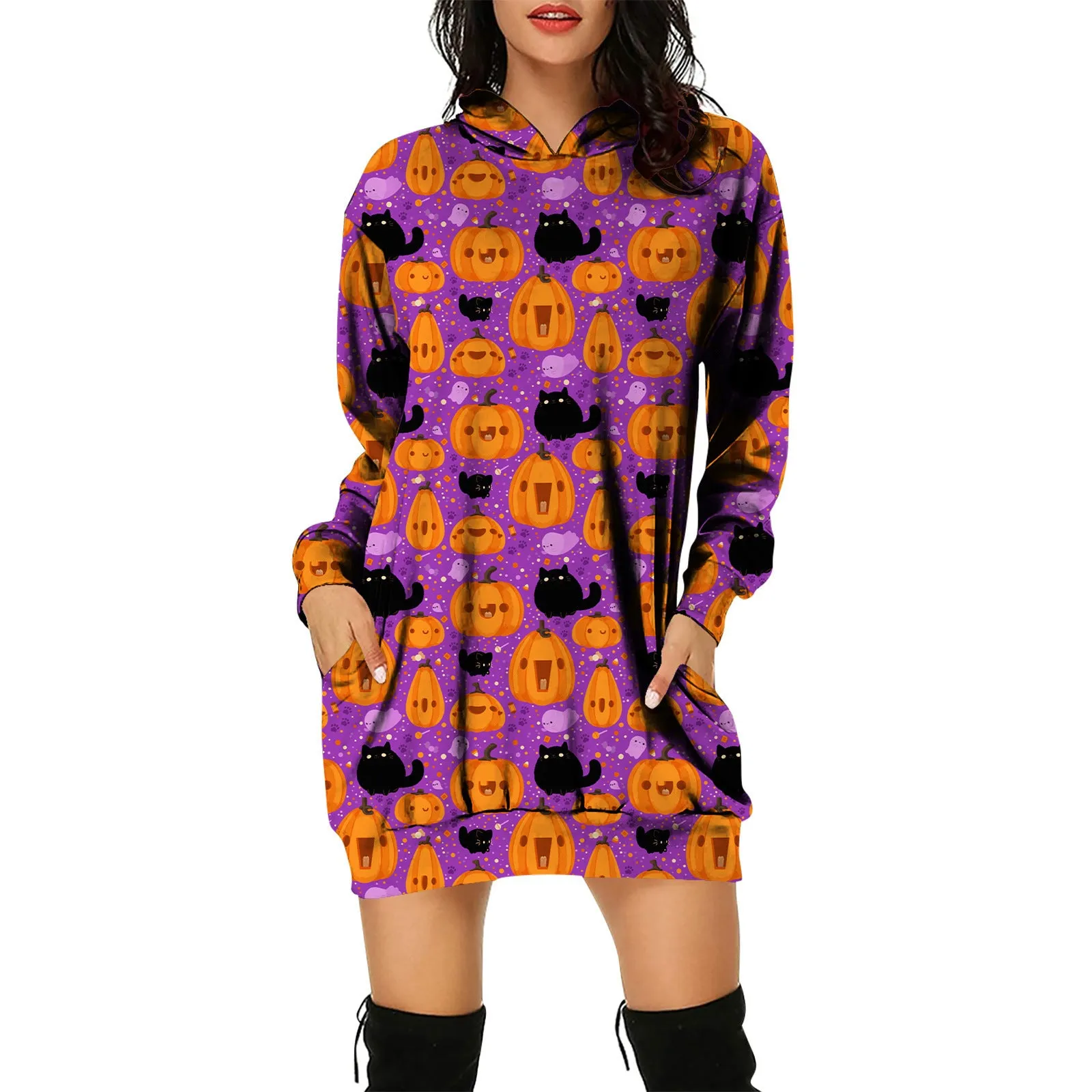 Pullover Hooded Sweater Dress Halloween