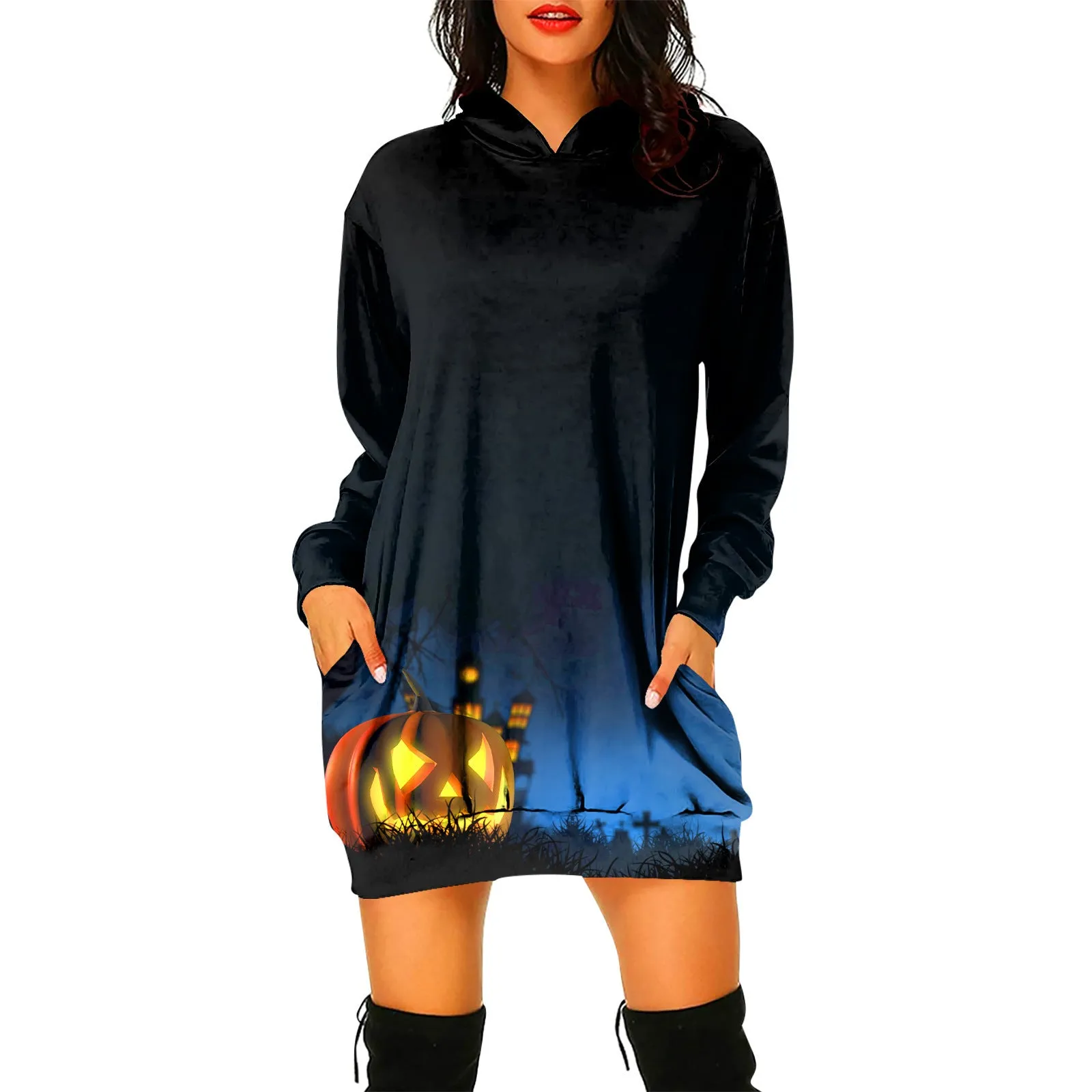 Pullover Hooded Sweater Dress Halloween