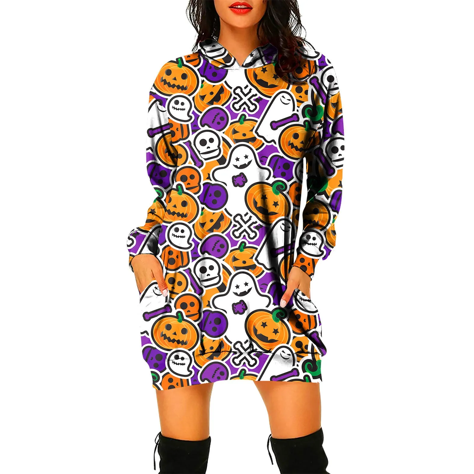 Pullover Hooded Sweater Dress Halloween