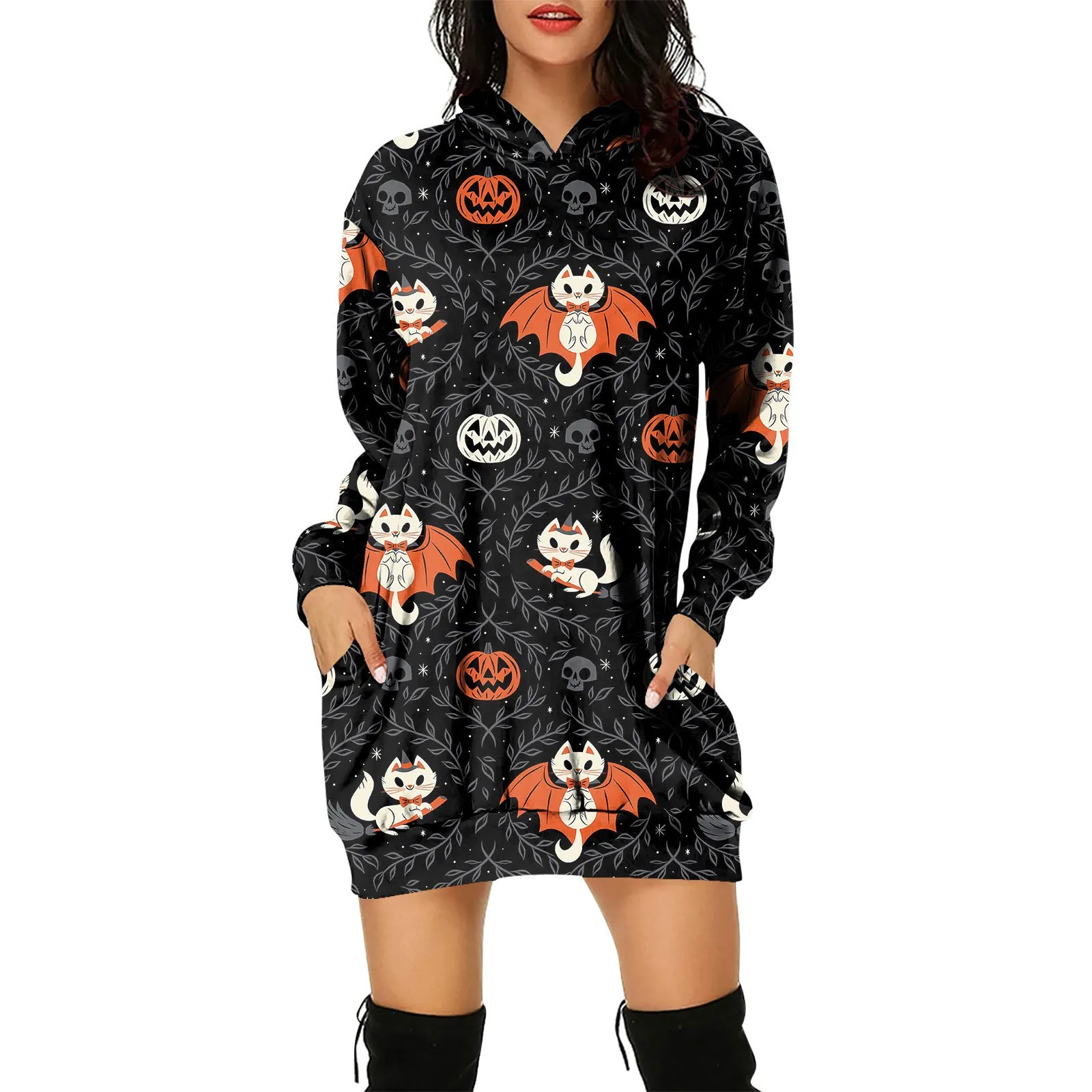 Pullover Hooded Sweater Dress Halloween