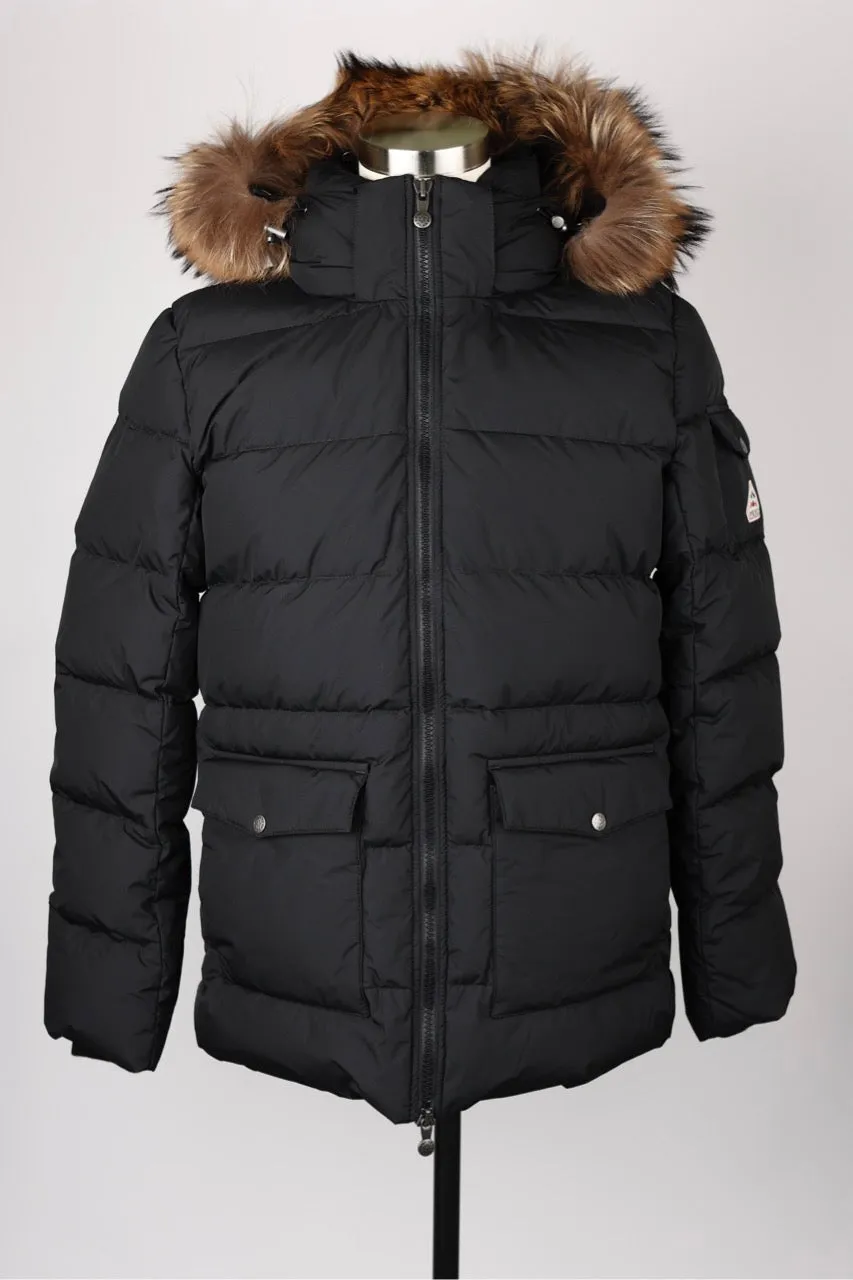 Quilted Puffer Jacket With Fur Hood-Black