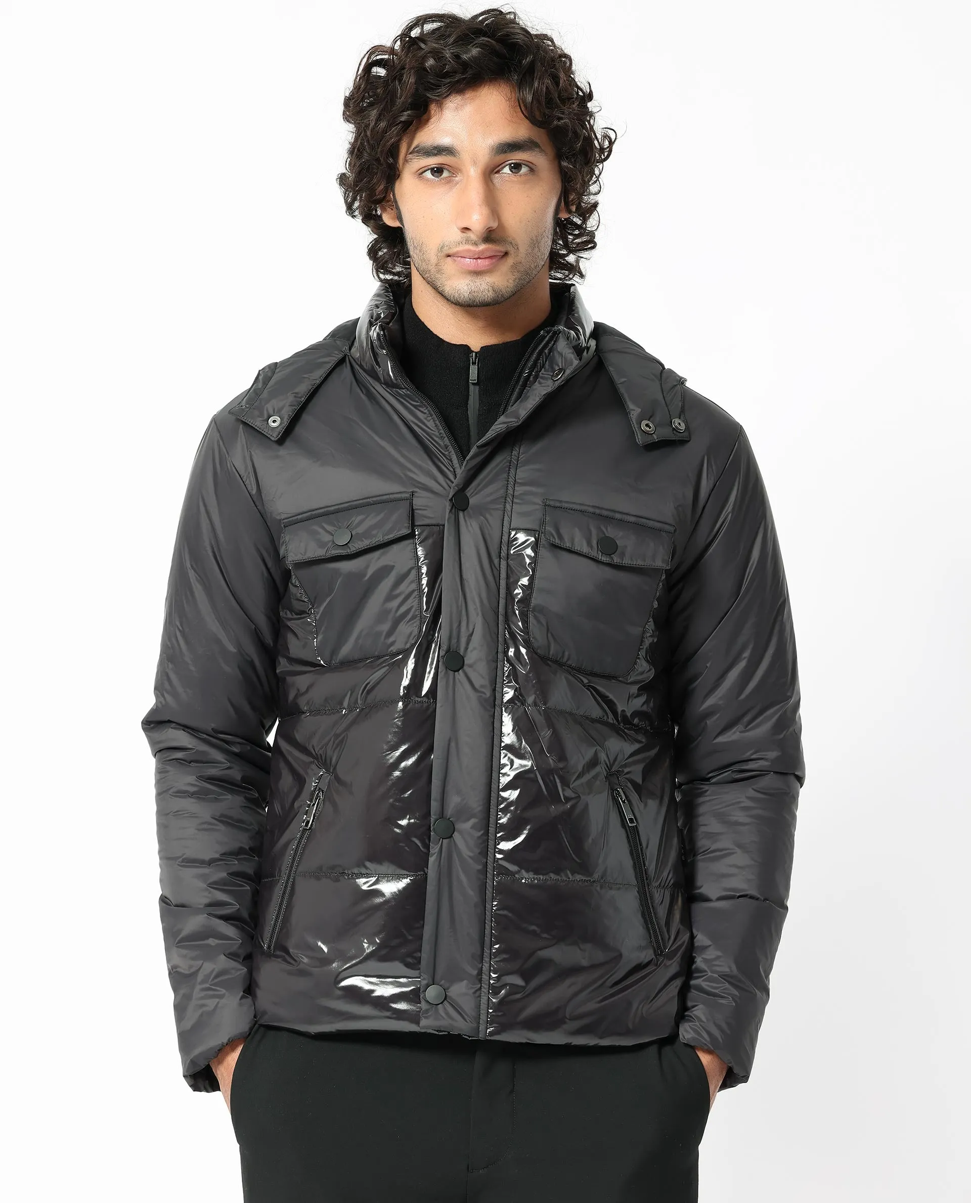 Rare Rabbit Men's Ragon Black Two-Tone With Detachable Hood Metallic Jacket