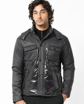 Rare Rabbit Men's Ragon Black Two-Tone With Detachable Hood Metallic Jacket