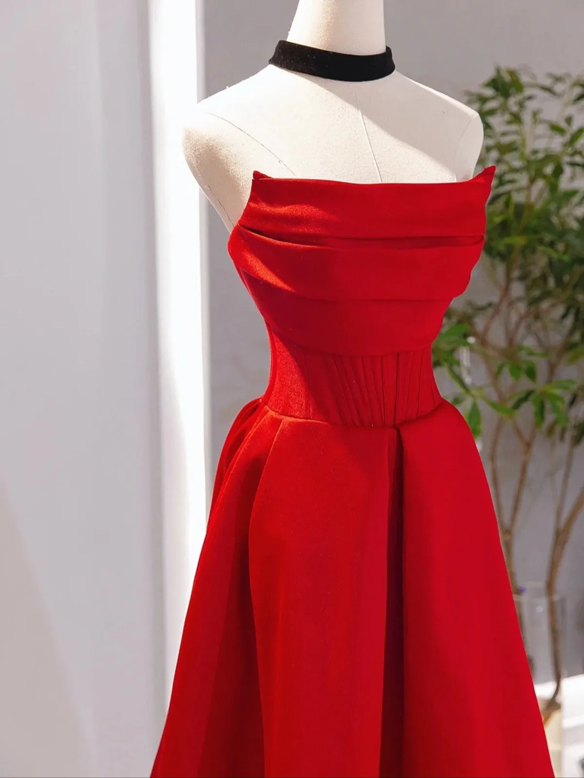 Red Satin Red Satin A-line Scoop Long Party Dress, Red Satin Prom Dress