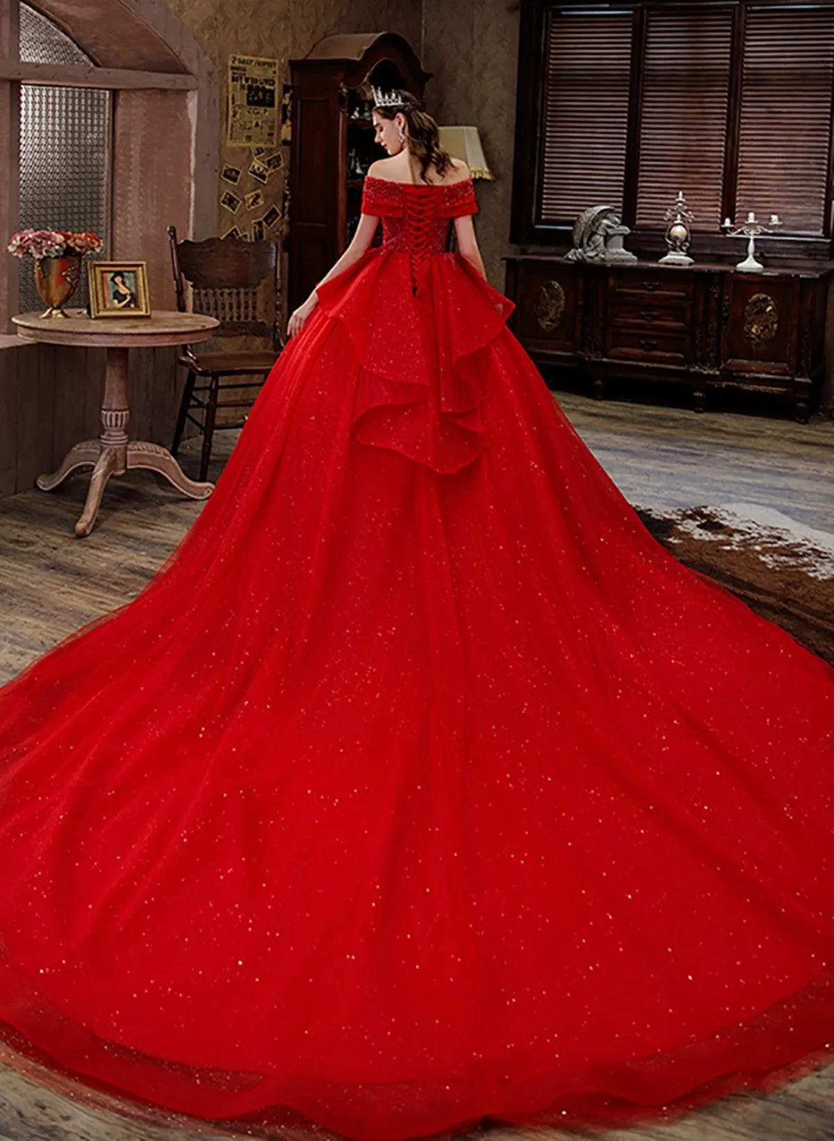 Red Sweetheart Shiny Tulle Ball Gown Long Formal Dress, Red Tulle Sweet 16 Dress