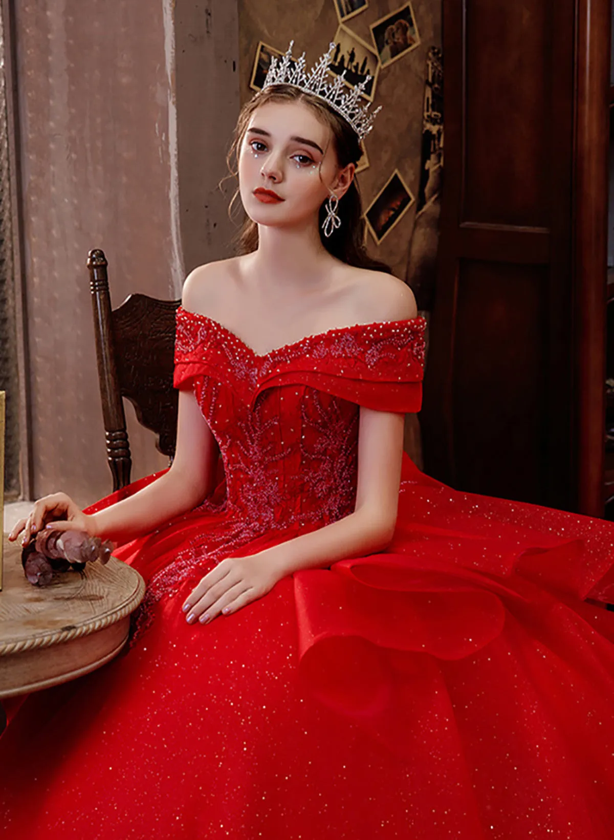 Red Sweetheart Shiny Tulle Ball Gown Long Formal Dress, Red Tulle Sweet 16 Dress