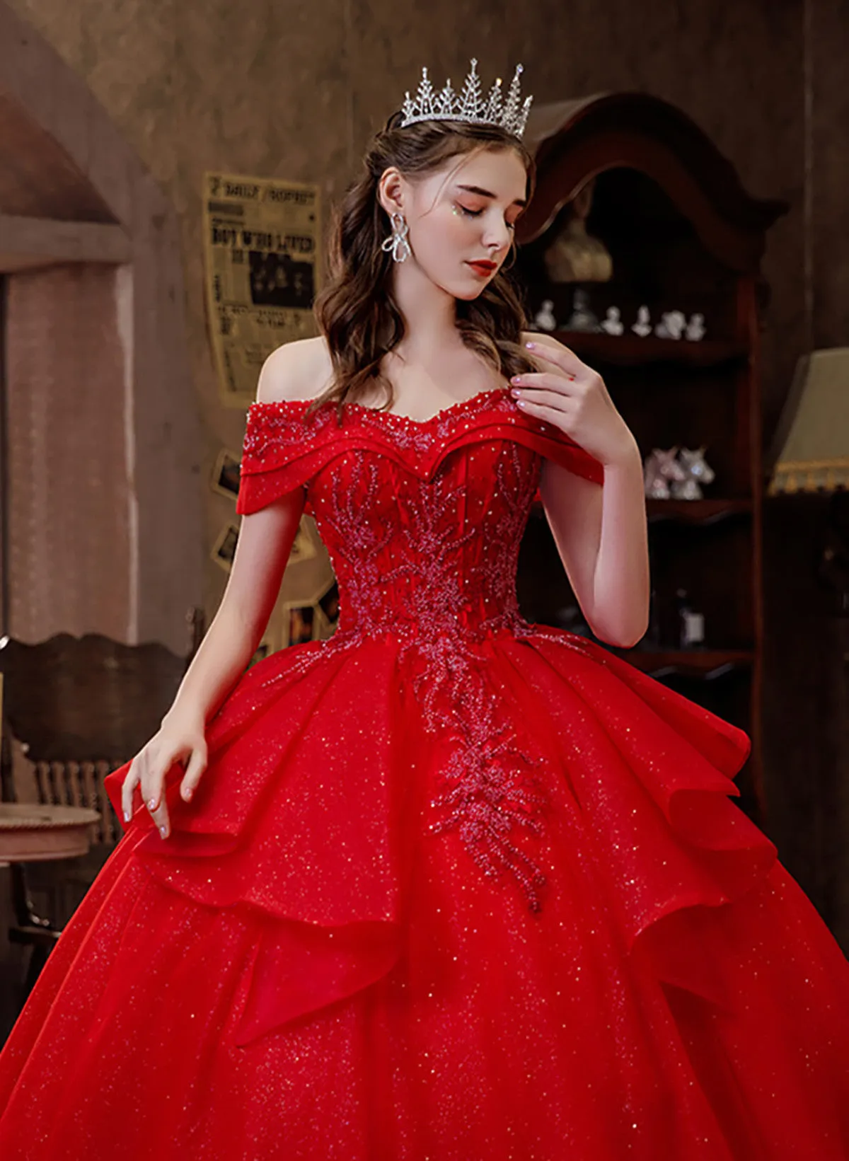 Red Sweetheart Shiny Tulle Ball Gown Long Formal Dress, Red Tulle Sweet 16 Dress