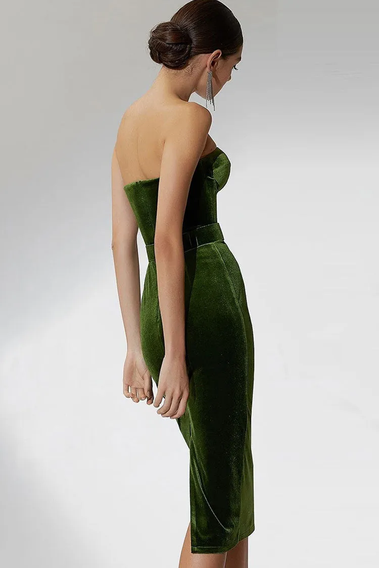 Retro Sweetheart Strapless Velvet Cocktail Party Midi Dress - Green