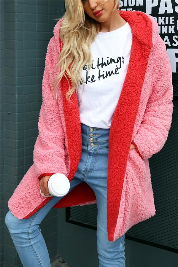 Reversible Faux Lambswool Thick Jacket - Pink/Red