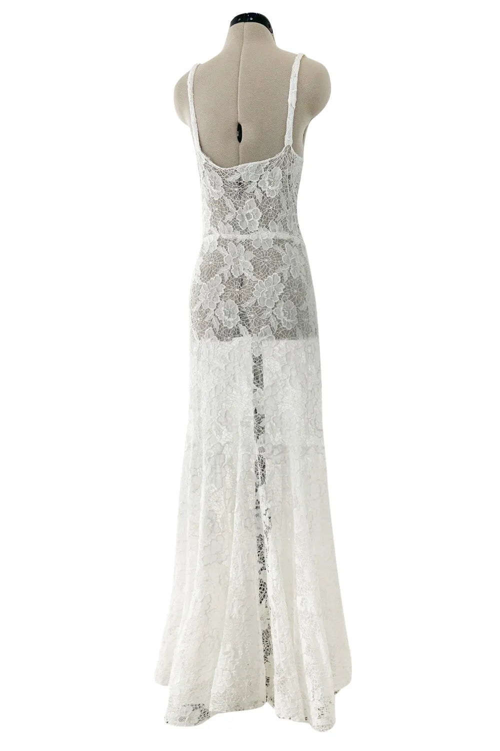 Romantic 1930s Unlabeled Intricate White Lace Unlined Dress w Flared Full Lower Skirting