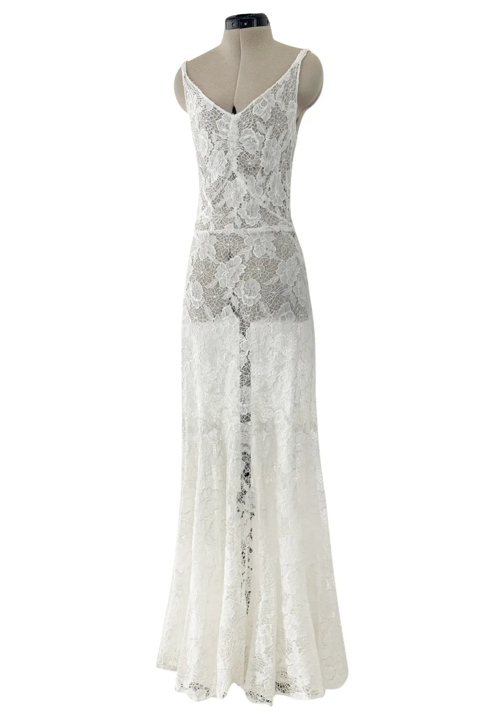 Romantic 1930s Unlabeled Intricate White Lace Unlined Dress w Flared Full Lower Skirting